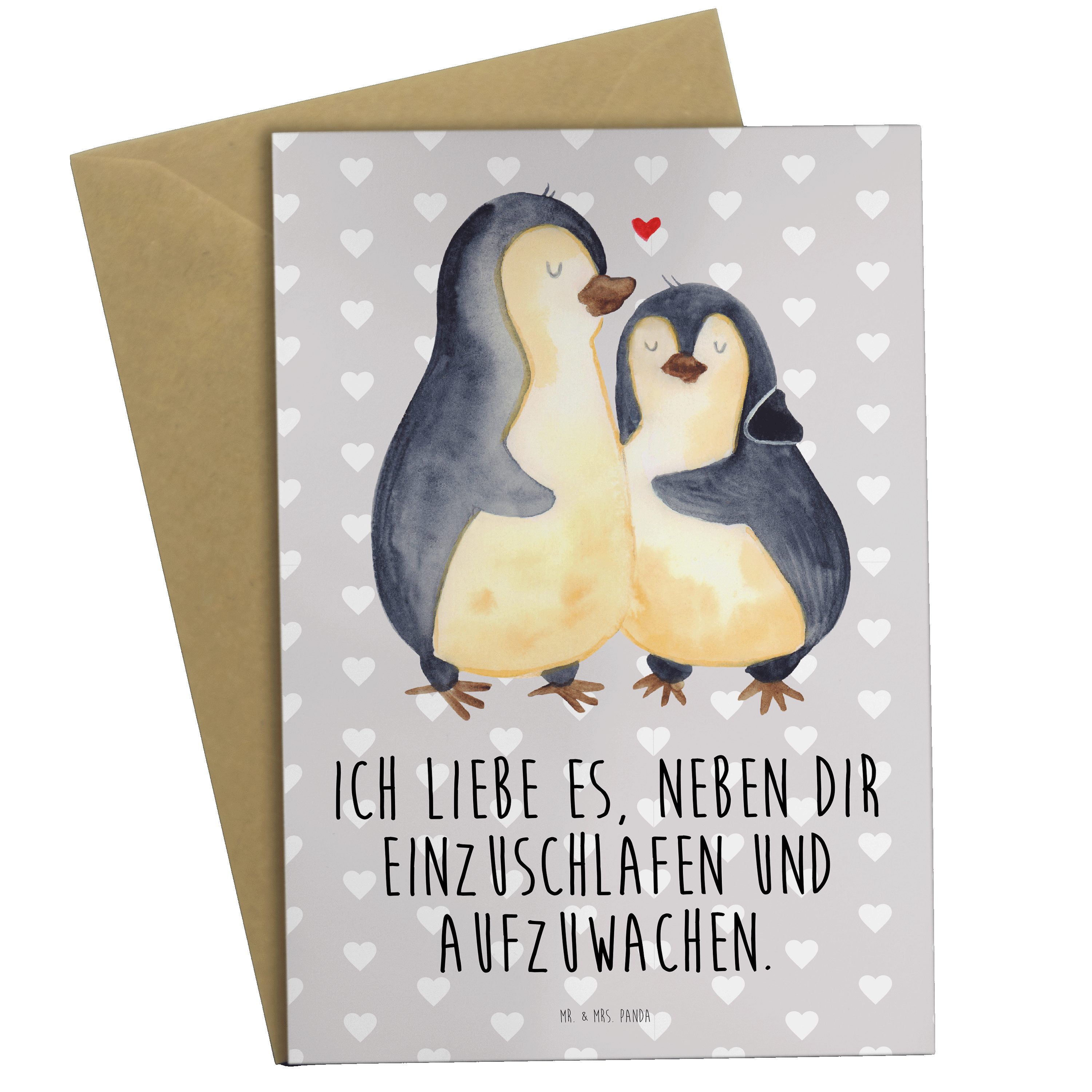 Mr. & Mrs. Panda Grußkarte Pinguine Einschlafen - Grau Pastell - Geschenk, Karte, für Ehemann, V
