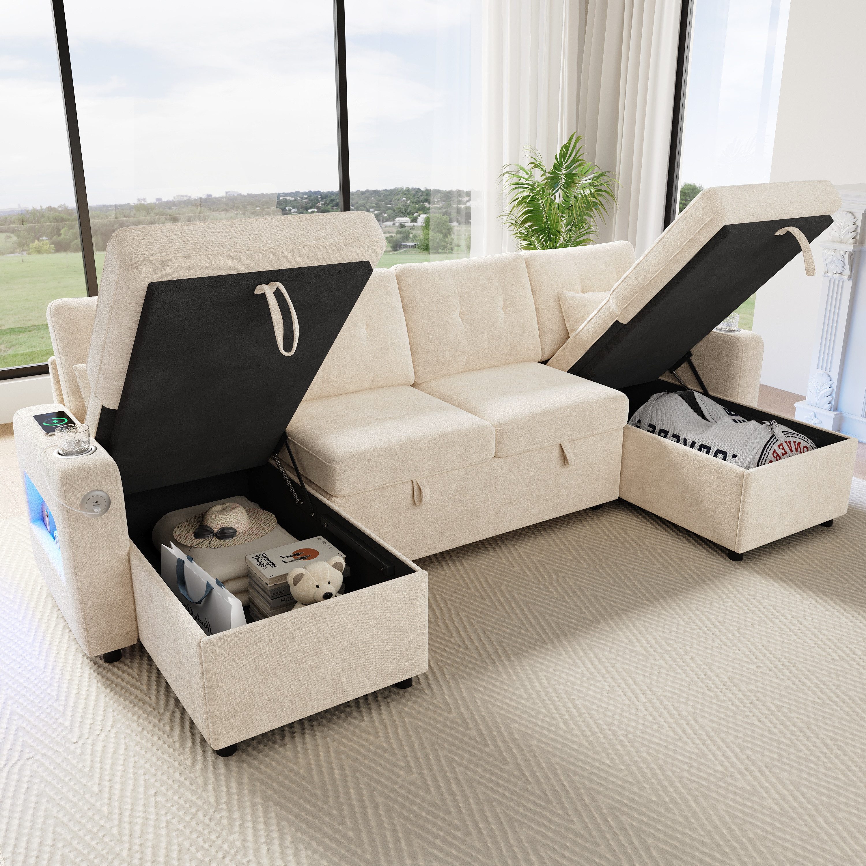Merax Ecksofa U‑förmiges Sofa mit Schlaffunktion, Ausziehbares U‑Sofa mit LED & USB, Chenille Schlafsofa Chaiselongue Sofabett für 4-5 Personen 1 Teile, Sofa mit Getränkehalter, verstecktem Stauraum & Armlehnen‑Stauraum