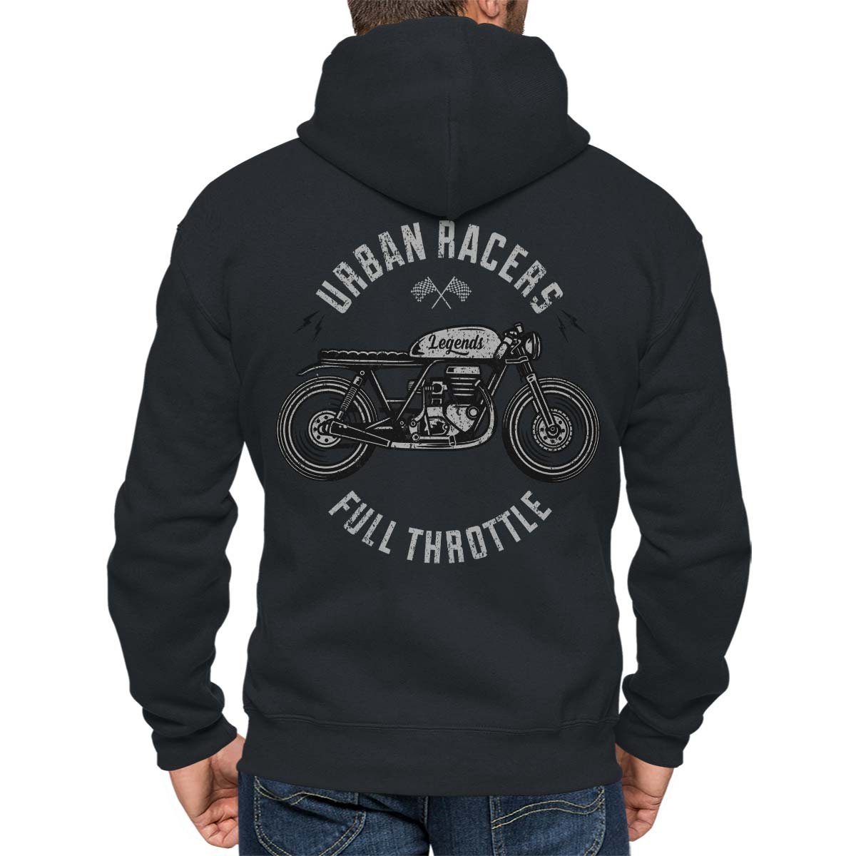 / Motorrad On mit Urban Racers Kapuzensweatjacke Hoodie Wheels Zip Schwarz Motiv Kapuzenjacke, Rebel Biker