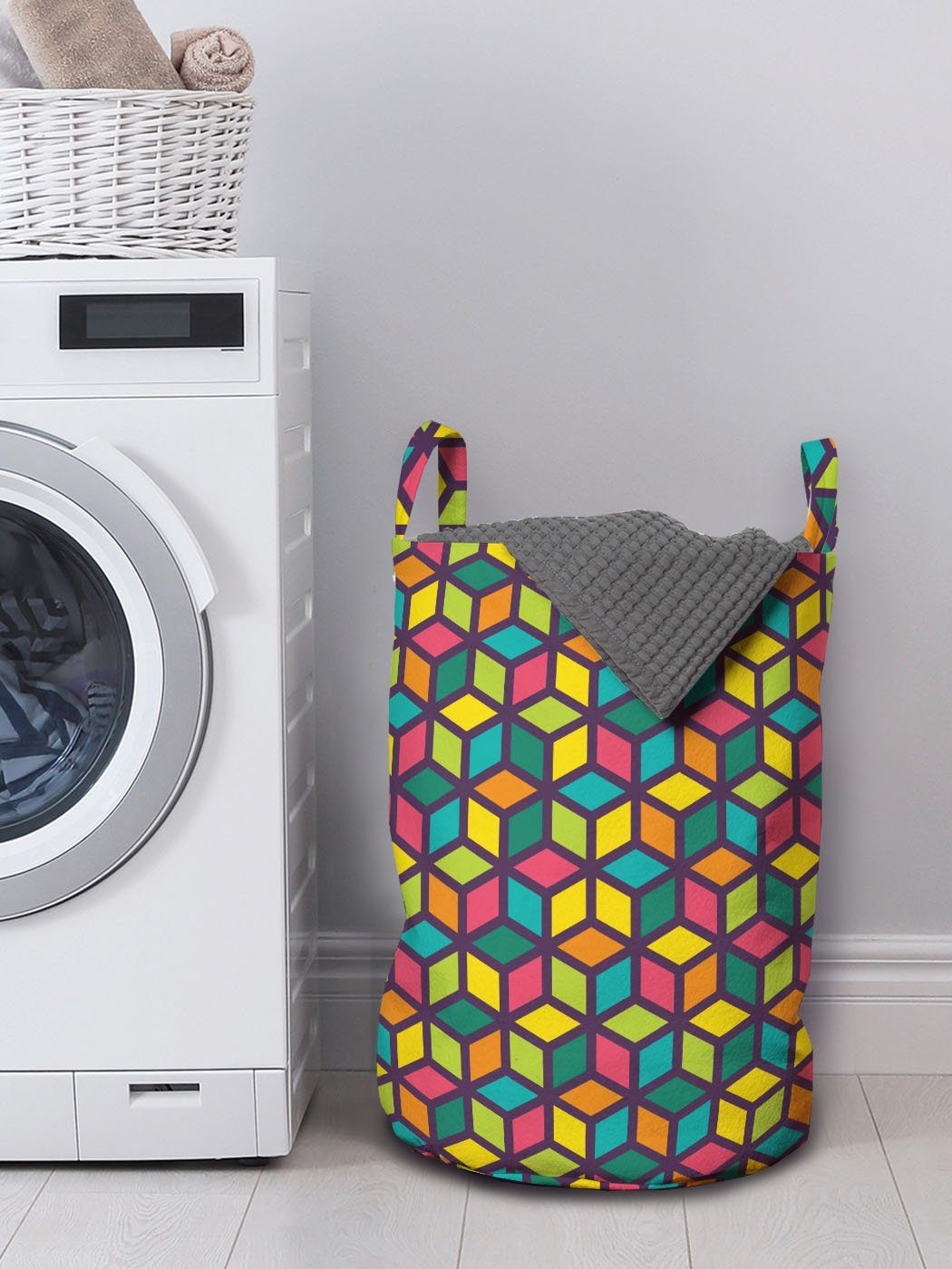 Waschsalons, Würfel Wiederholung Wäschesäckchen Kordelzugverschluss Geometrisch Abakuhaus mit Griffen Bunte Wäschekorb für