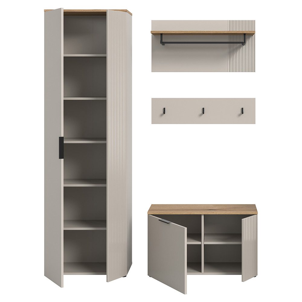 Lomadox Garderoben-Set SIMNAS-158, (Spar-Set, 4-St., Garderobenschrank Garderobenpaneel (2-teilig) Schuhbank), in Kaschmir & Eiche, gerillte Front