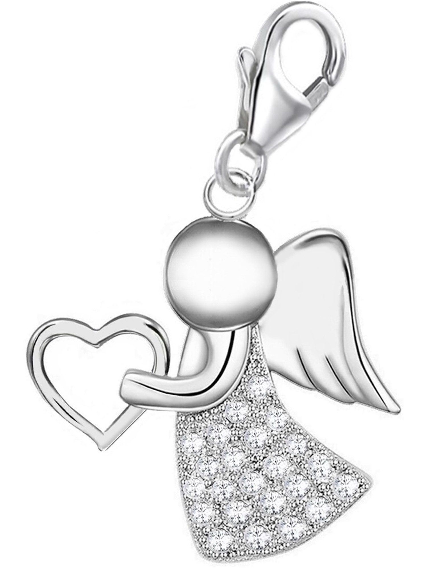 Goldene Hufeisen Charm Engel Schutzengel Zirkonia Klar Karabiner Charm Anhänger aus 925 Silber (inkl. Etui), Rhodium überzogen