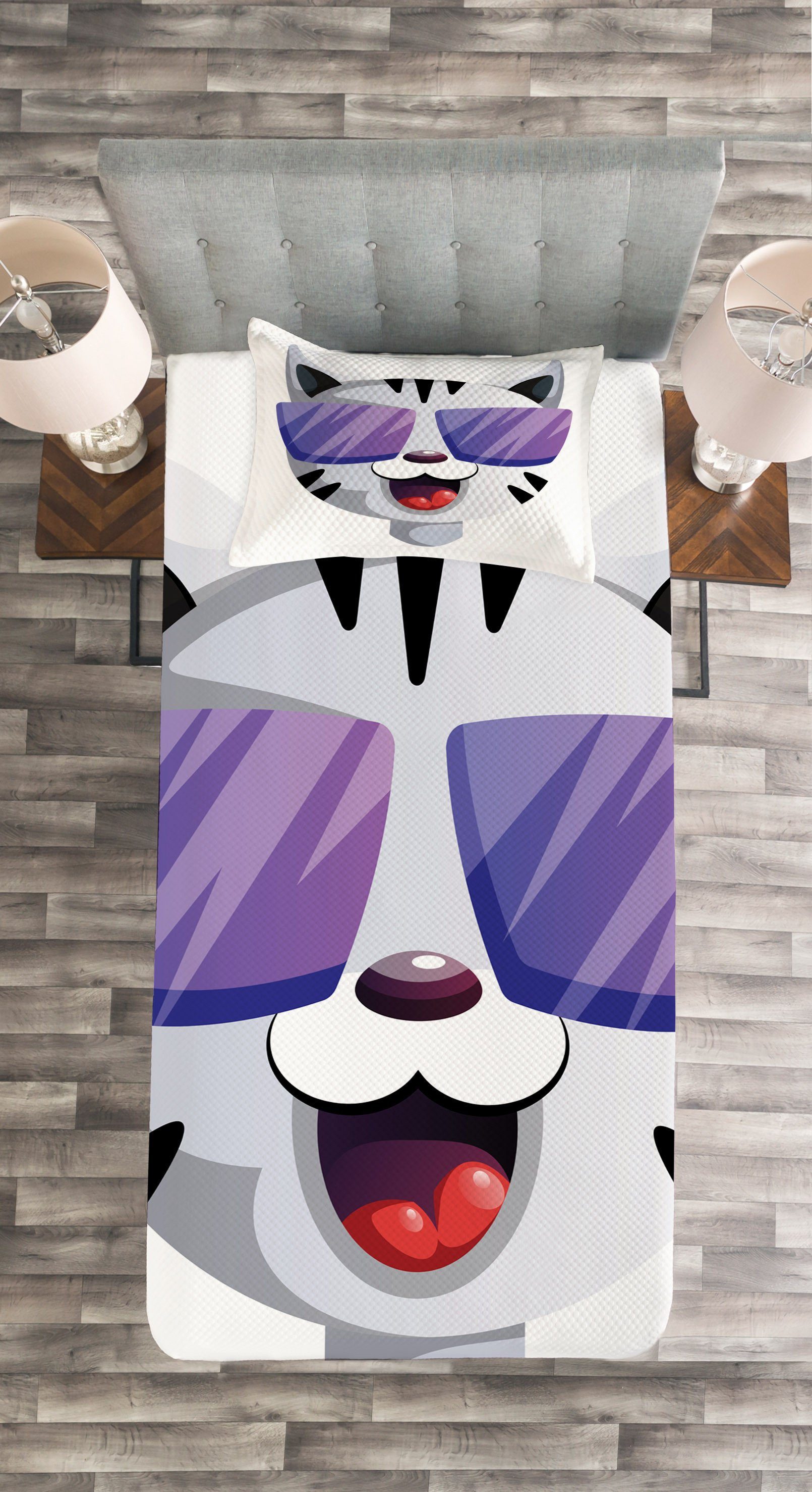 Kissenbezügen Tagesdecke Portrait Cartoon Kitten Set Sonnenbrille Waschbar, Abakuhaus, mit