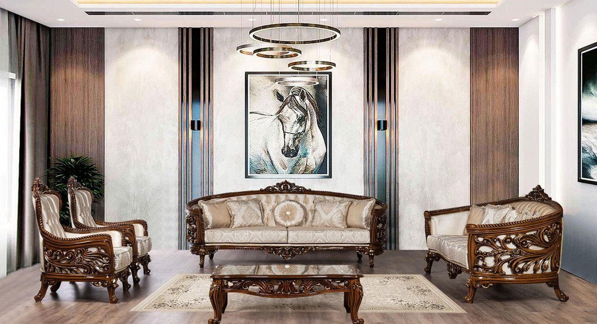 Sessel - Gold Beige Barock / Luxus Prunkvoller - Padrino Muster Wohnzimmer Braun Sessel mit Sessel / Barock Wohnzimmer Möbel elegantem Casa