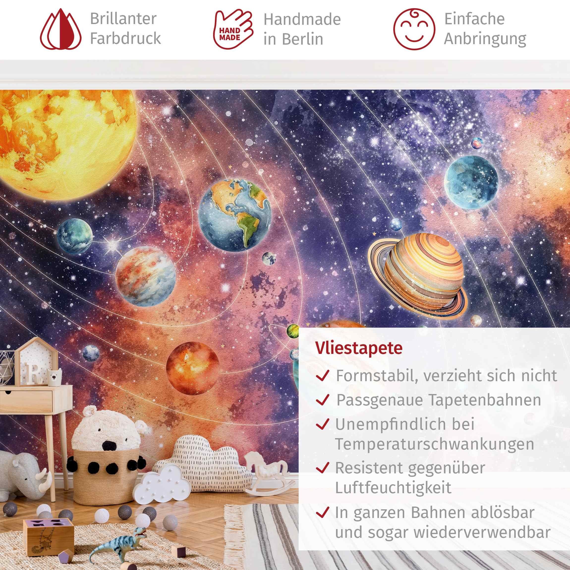 Bilderdepot24 Kindertapete Sonnensystem Aquarell Illustration Kinder Weltall bunt modern, Glatt, Matt, (Vliestapete inkl. Kleister oder selbstklebend), Mädchenzimmer Jungenzimmer Babyzimmer Bildtapete Fototapete Wandtapete