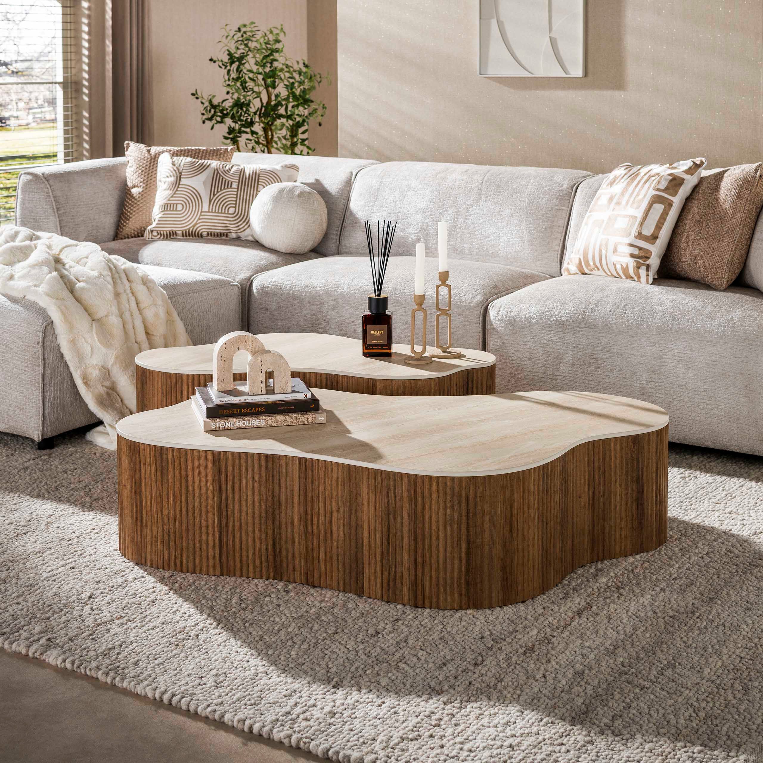 Maison ESTO Couchtisch LIVARO Couchtisch 2´er Set Keramikplatte Travertin-Optik organisch (2´er Set), hochwertige Keramik Tischplatte - 135 × 75 cm u. 103 × 57 cm