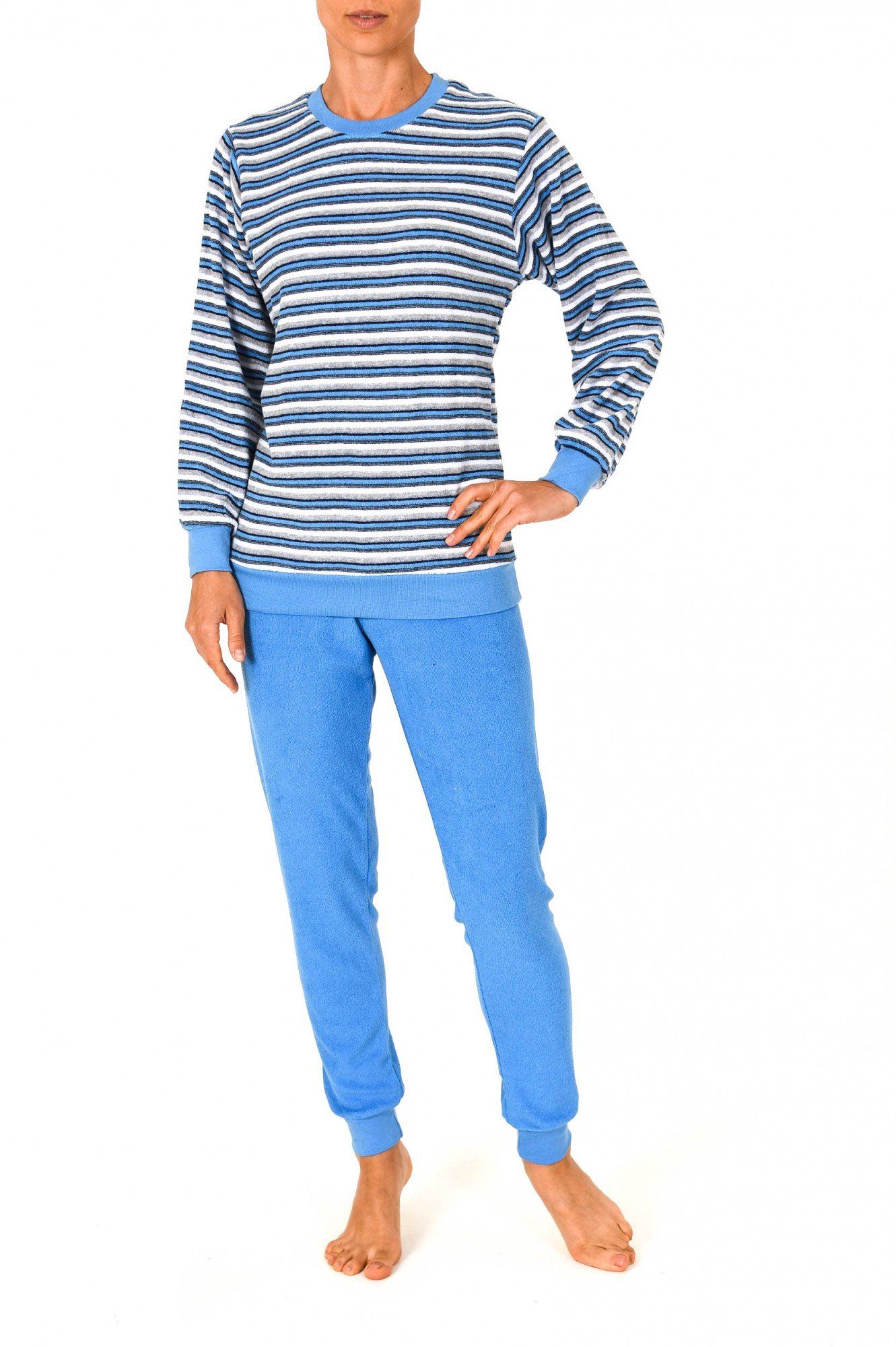 RELAX by Normann Pyjama Frottee Schlafanzug mit Bündchen, geringelt, Rundhals hellblau