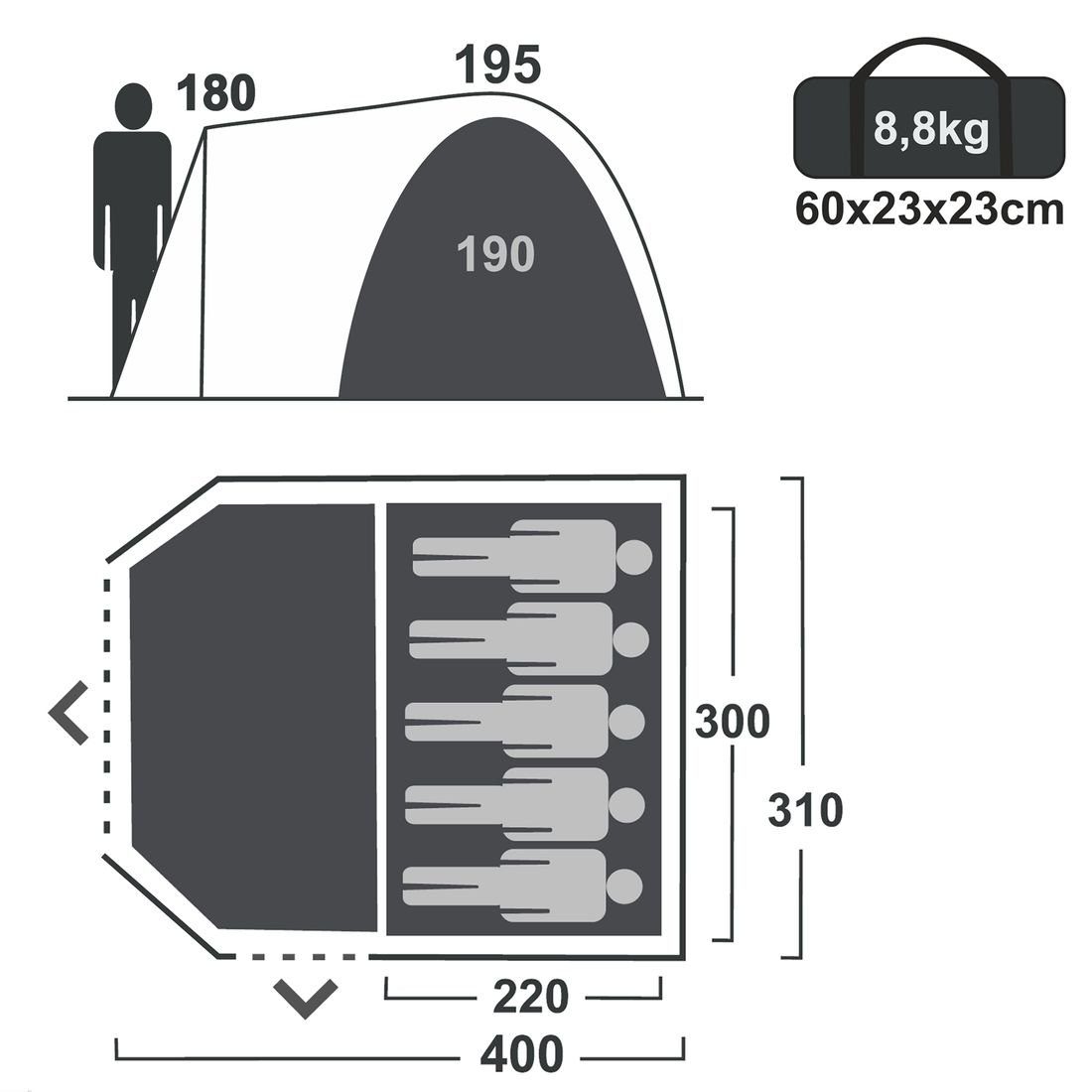 yourGEAR yourGEAR Kuppelzelt 5 Personen 5000mm, Fenster Stehhöhe Tivano 5 Zelt Kuppelzelt Personen: