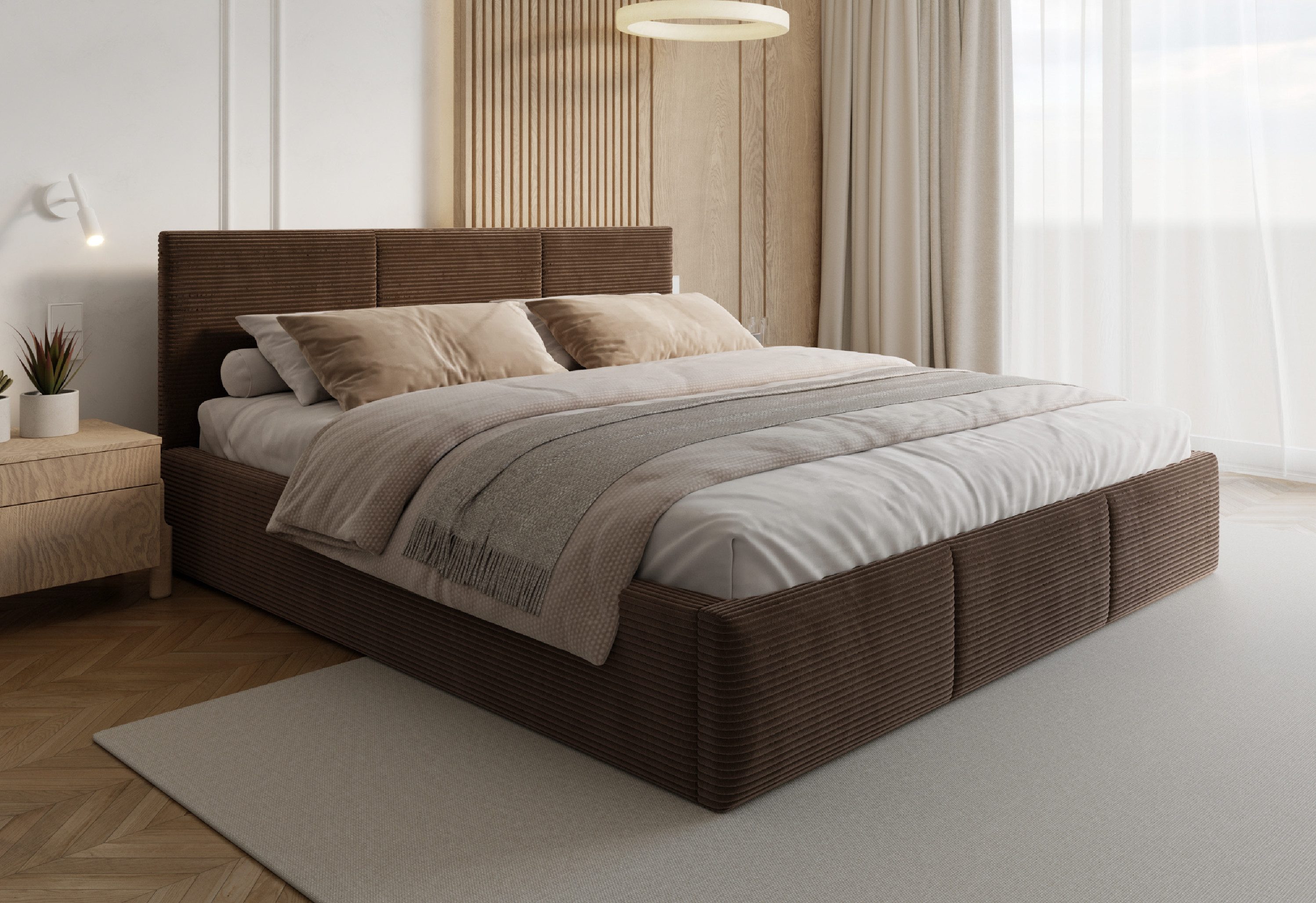 FDM Polsterbett AMBER modern mit Bettkasten MADE IN EU - mit Cord Bezug (verfügbar 90x200 120x200 140x200 160x200 180x200cm, Bettrahmen, Bett, mit großen gepolsterten Kopfteil, mit Bettkasten zum aufklappen), Hebbarer Metallrahmen, Bettkasten, mit/ohne Matratze