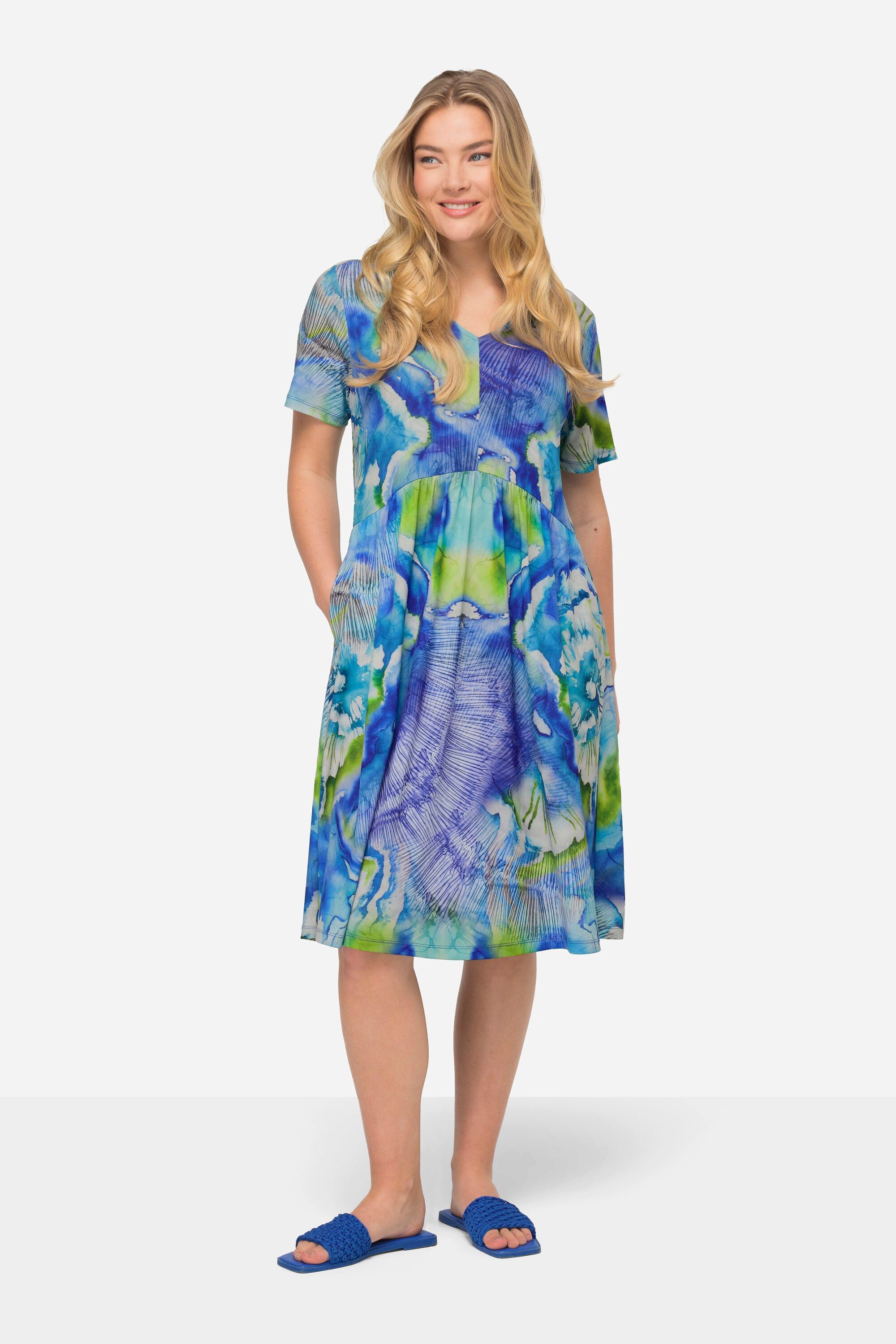 Laurasøn Sommerkleid Jerseykleid Batik-Blüten V-Ausschnitt Halbarm
