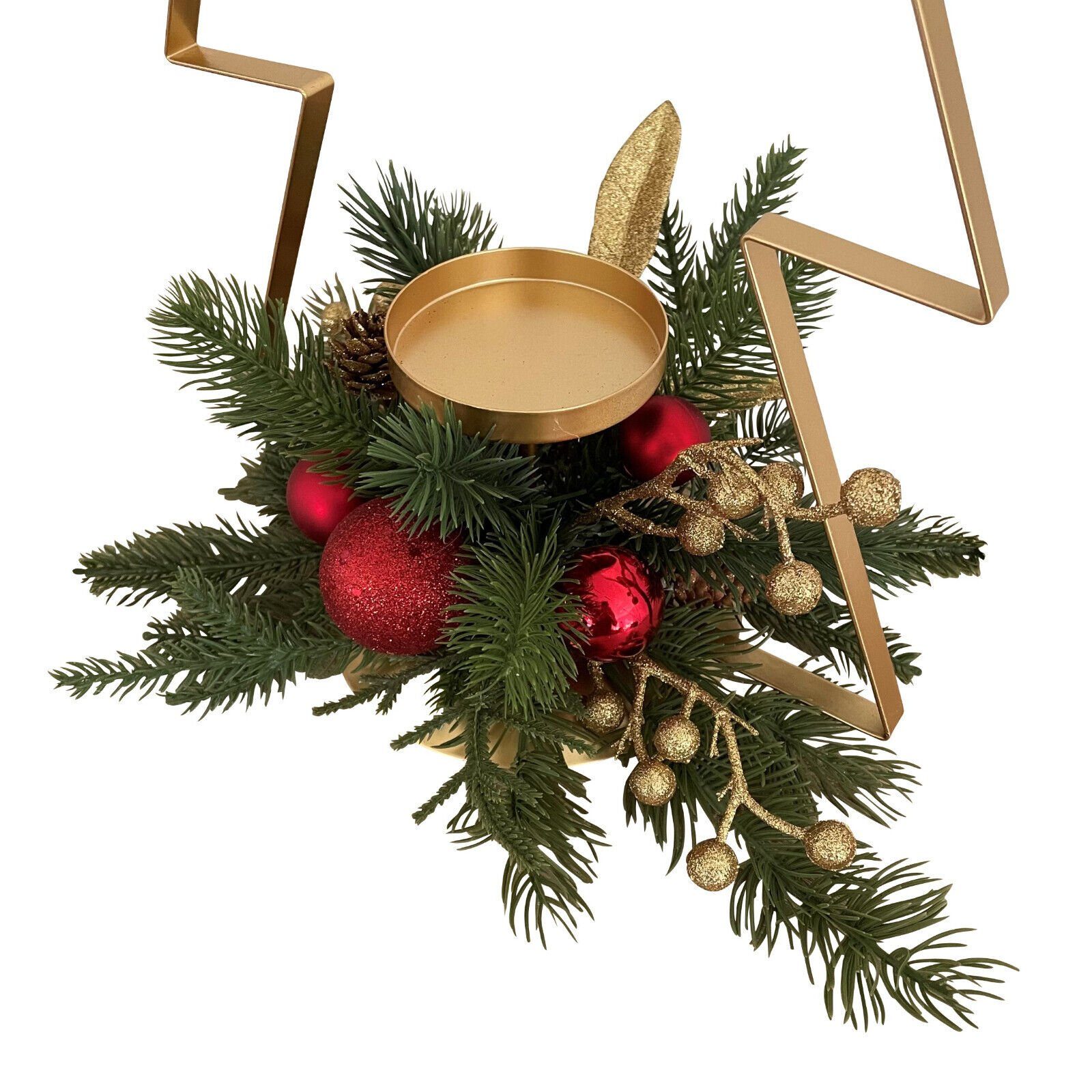 Online-Fuchs Kerzenhalter als Gesteck in Weihnachtsbaum-Form mit Kugeln, Kerzenständer (nutzbar für Stumpenkerzen bis zu 7,5 cm im Durchmesser, geschmückt mit Tannenzweigen, Kugeln mit Glitzer und Tannenzapfen), aus Metall, Maße: 49x28x28 cm