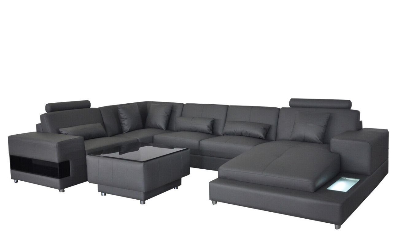JVmoebel Ecksofa U-Form Ledersofa Couch mit USB Grau Garnitur Sofa Modern Eck Wohnlandschaft