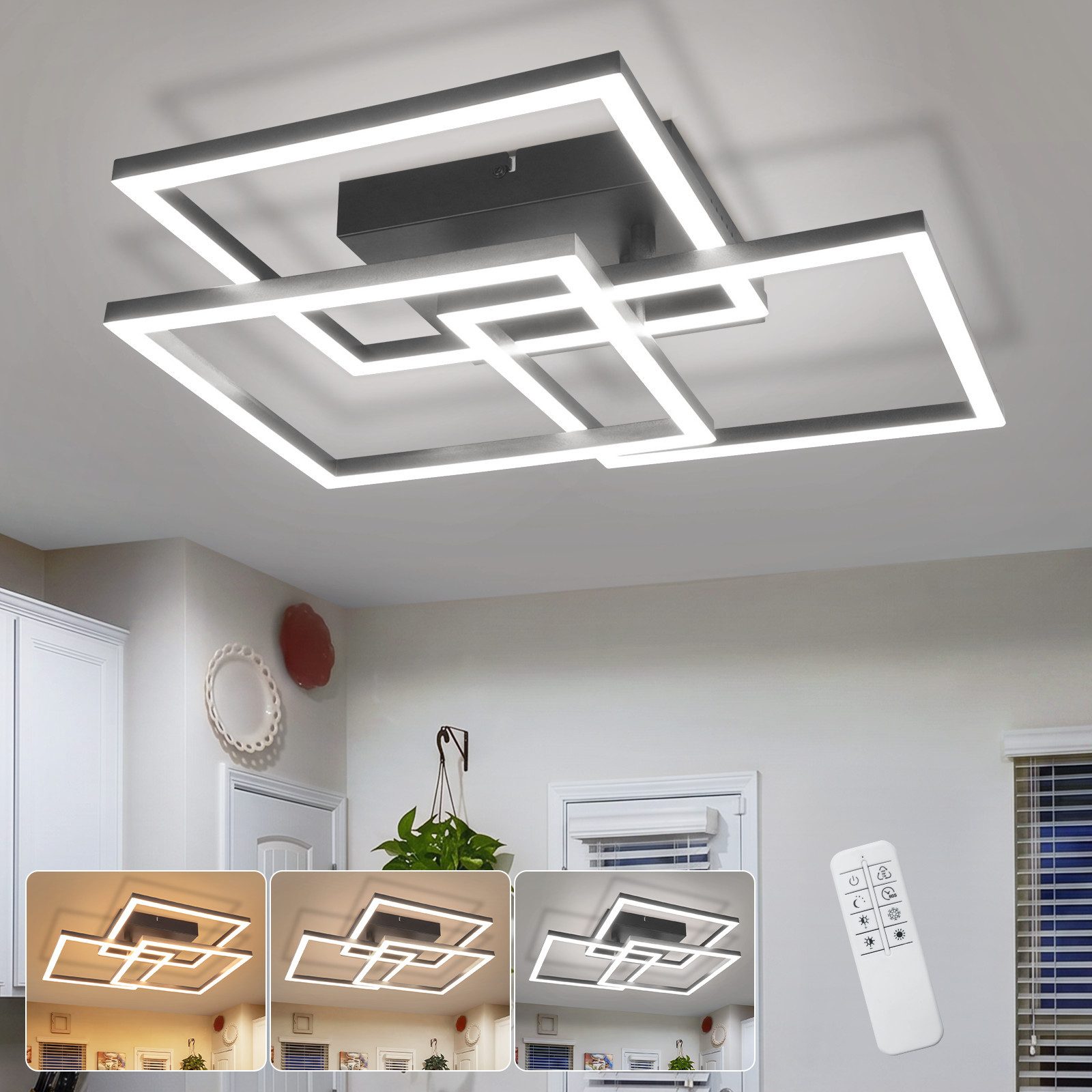 ZMH LED Deckenleuchte Modern Eckig Design LED Deckenlampe Dimmbar mit Fernbedienung, Memory, LED fest integriert, Warmweiß-Neutralweiß-Kaltweiß, Stufenloses Dimmbar