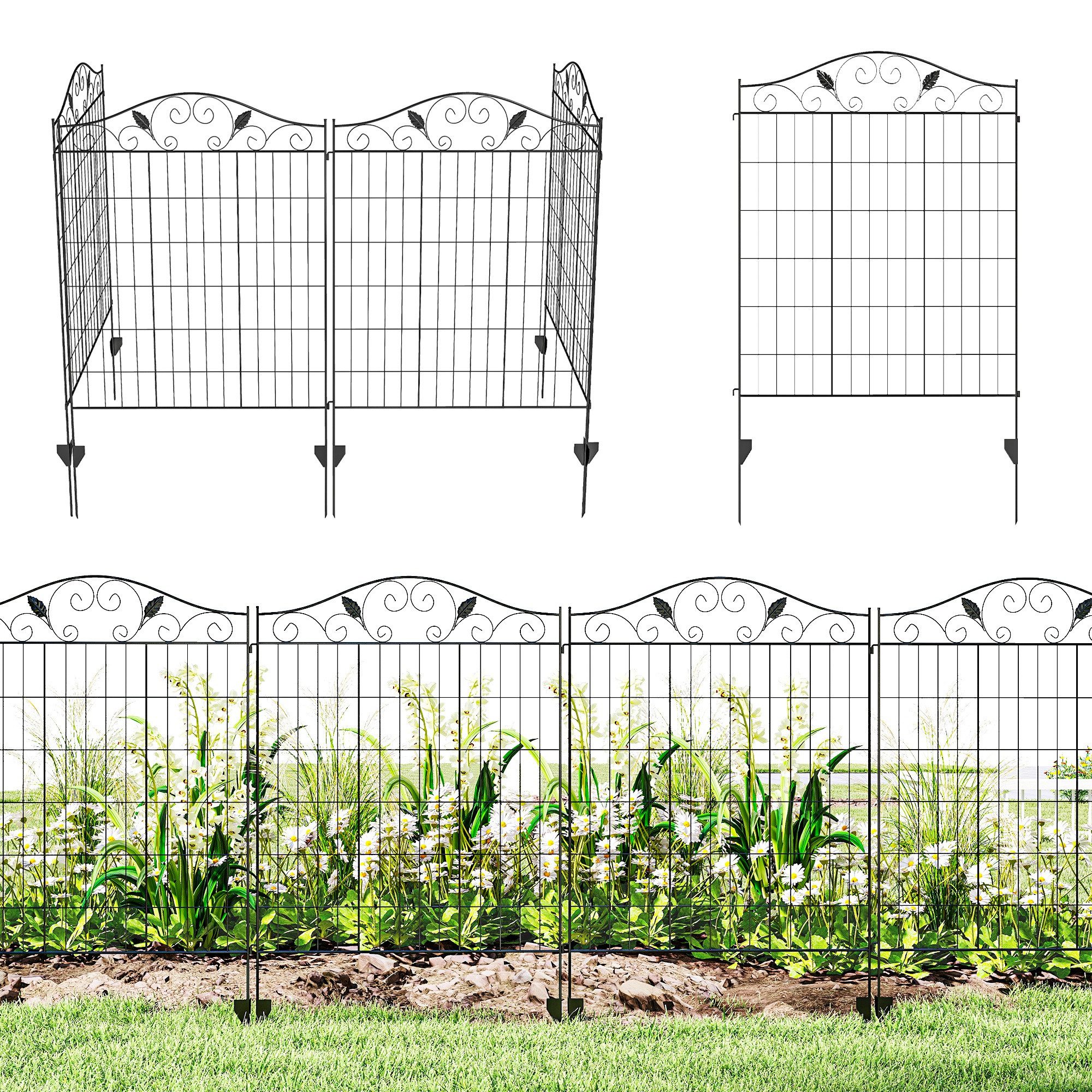 Outsunny Zaun Gartenzaun 4er Set 365 x 112 cm Gitterzaun Dekorative Metallzaun, (Drahtzaun, 4-St., Drahtgitter), für Balkon, Garten, Schwarz