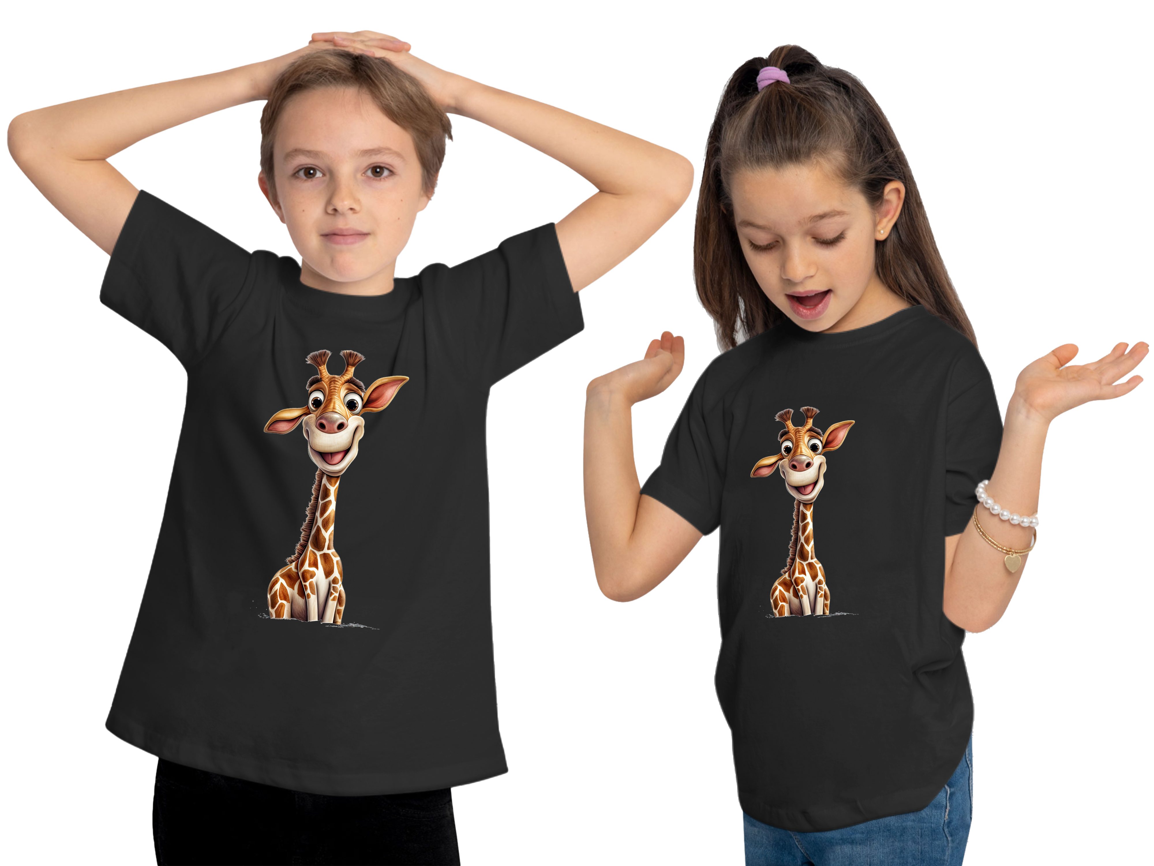 MyDesign24 T-Shirt Shirt Baby i273 Giraffe Aufdruck, bedruckt Wildtier - Print Baumwollshirt Kinder schwarz mit
