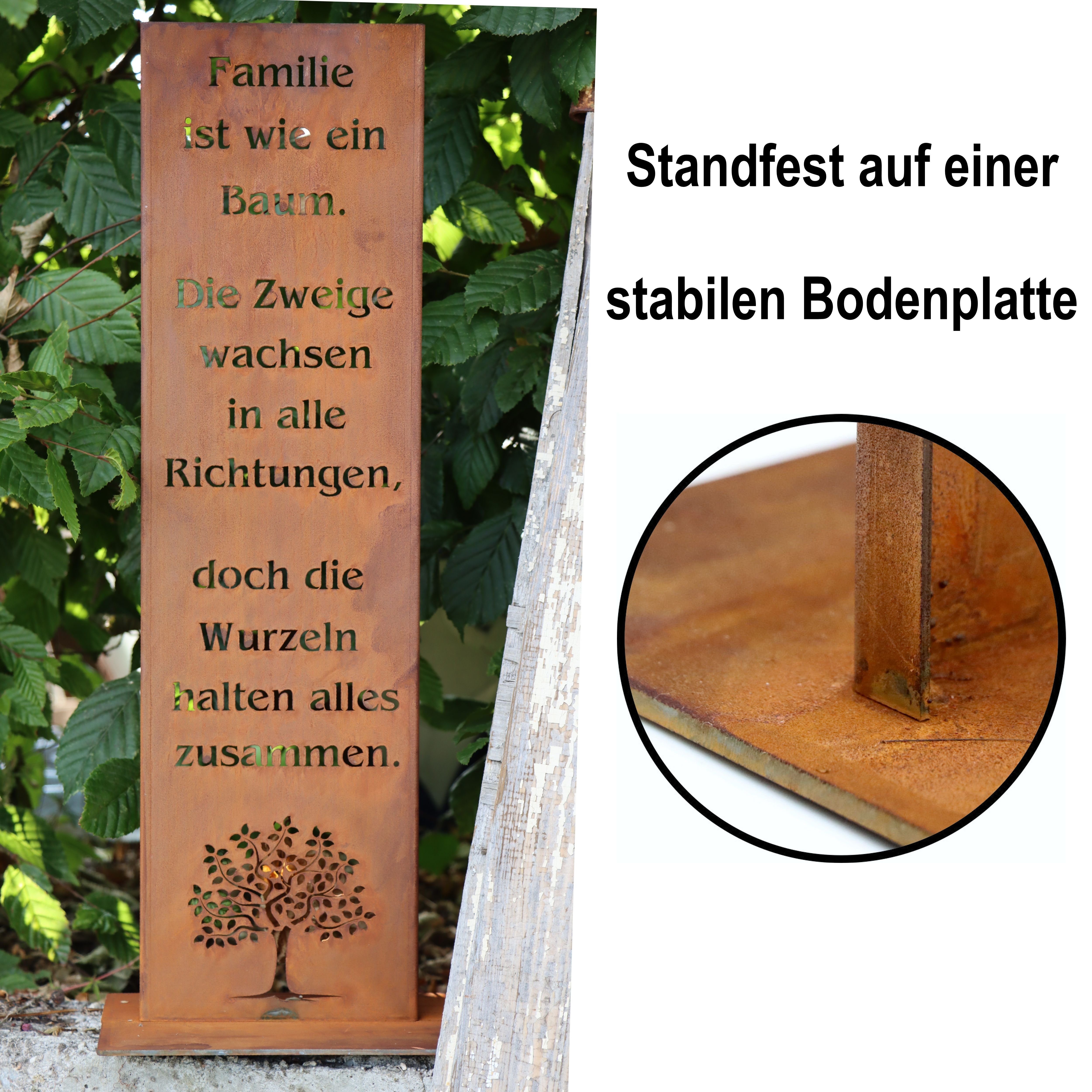Rostikal Gartenfigur Gartenschild Familie Edelrost 100/55 cm – Bodenplatte/Stecker, Spruchtafel mit Baum-Motiv – wetterfest für Garten & Eingang