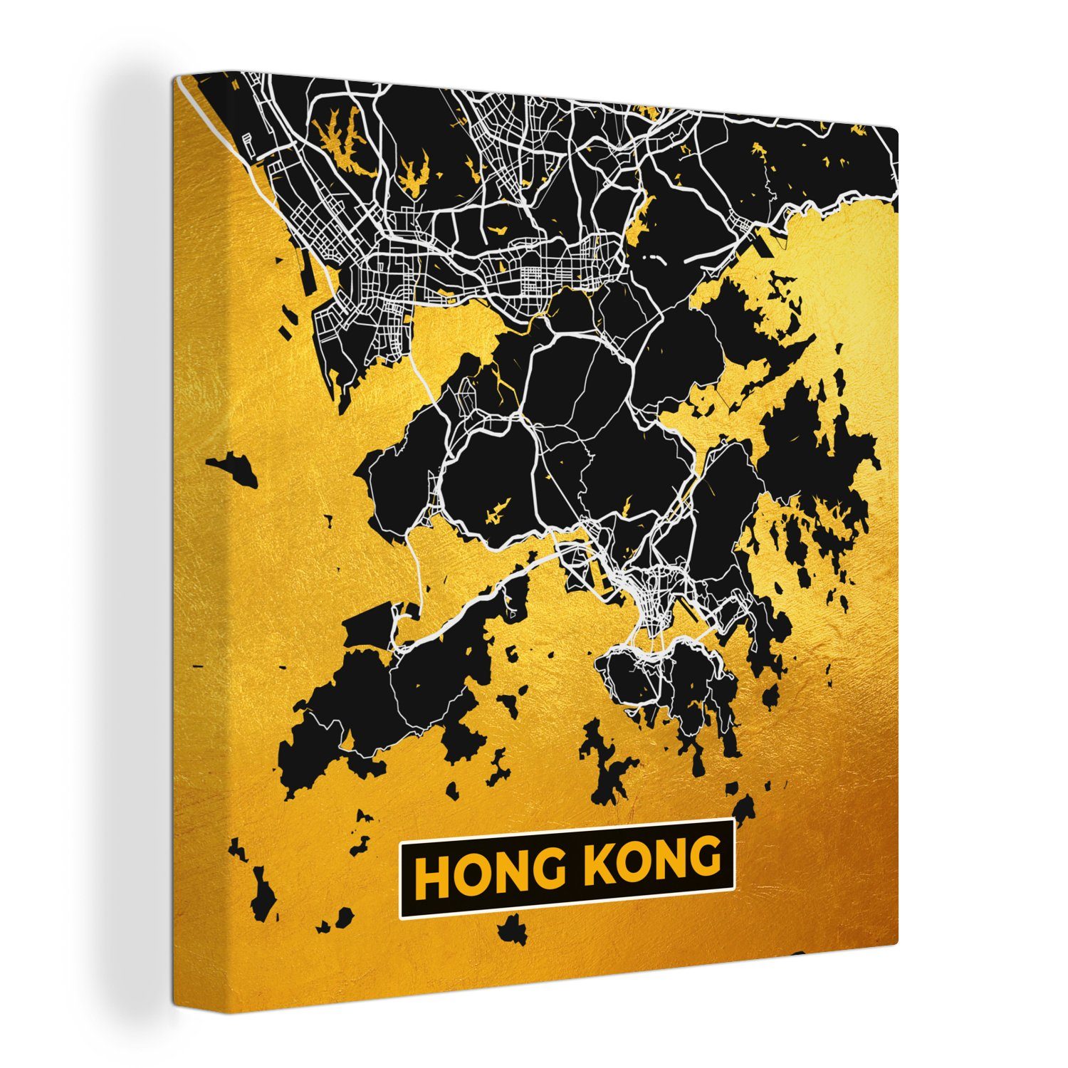 für Wohnzimmer Gold Bilder - Leinwand Hongkong (1 - St), Karte, Leinwandbild Stadtplan OneMillionCanvasses® Schlafzimmer -