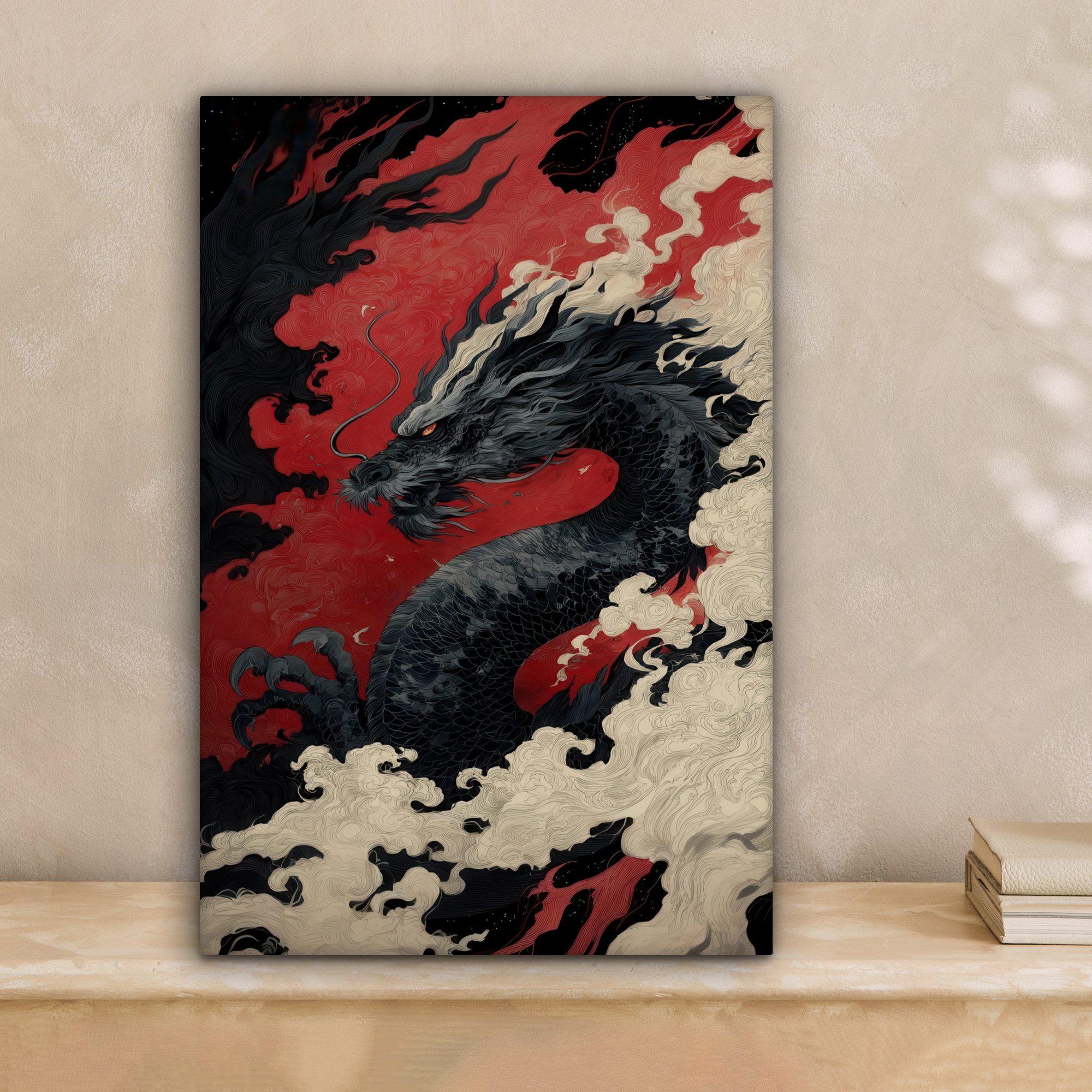 OneMillionCanvasses® Leinwandbild Schwarzer Drache - Rauchwolken - Rot, Fotodruck (1 St), Leinwand Canvas Wandbild, Wanddekoration 20x30 cm