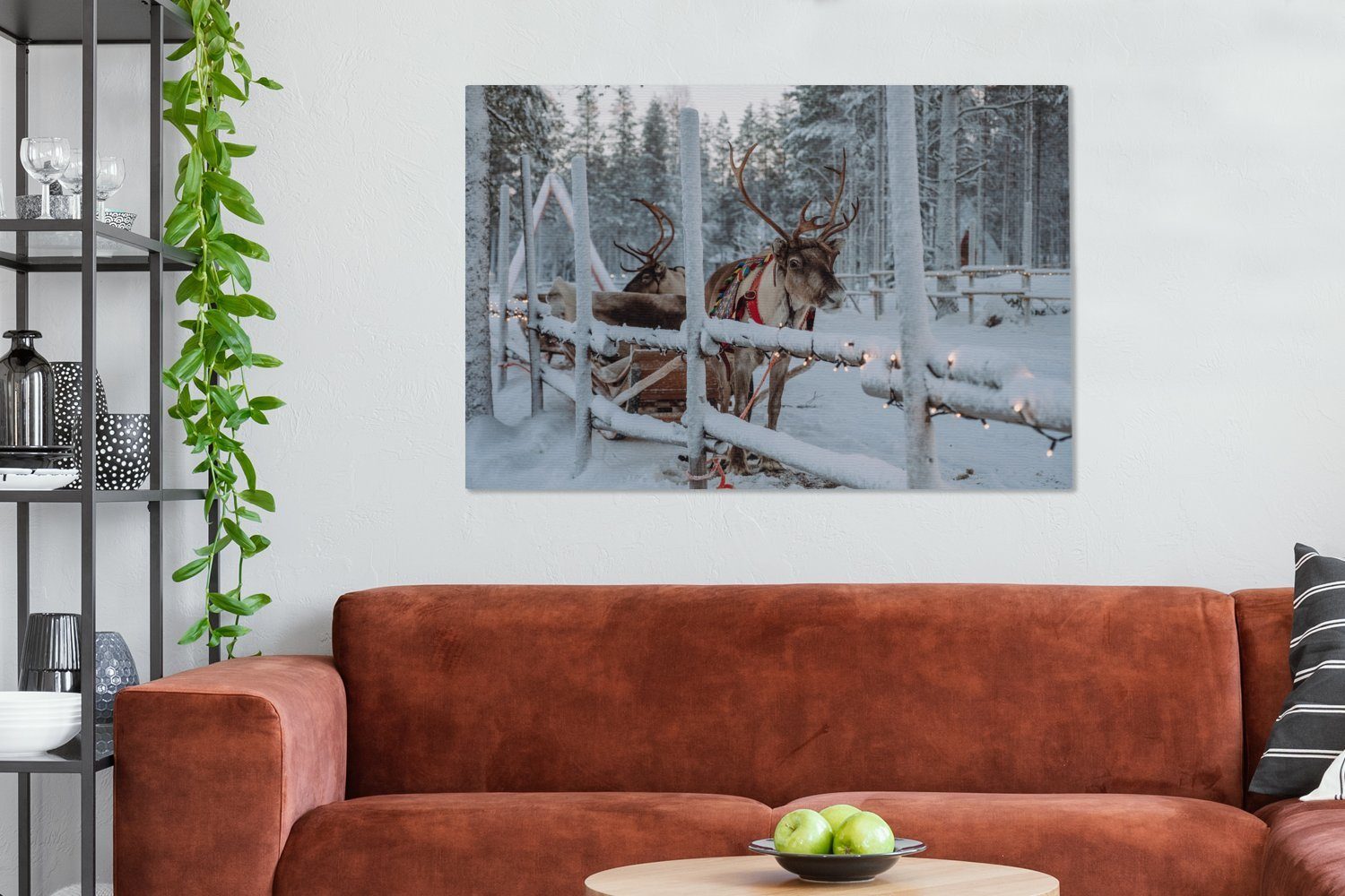 Leinwandbild großes, (1 Gemälde, Wandbild in Finnland, für Weihnachtsmanns im Dorf des OneMillionCanvasses® XXL, St), Rentier alle Wohnbereiche, 120x80 Ein cm