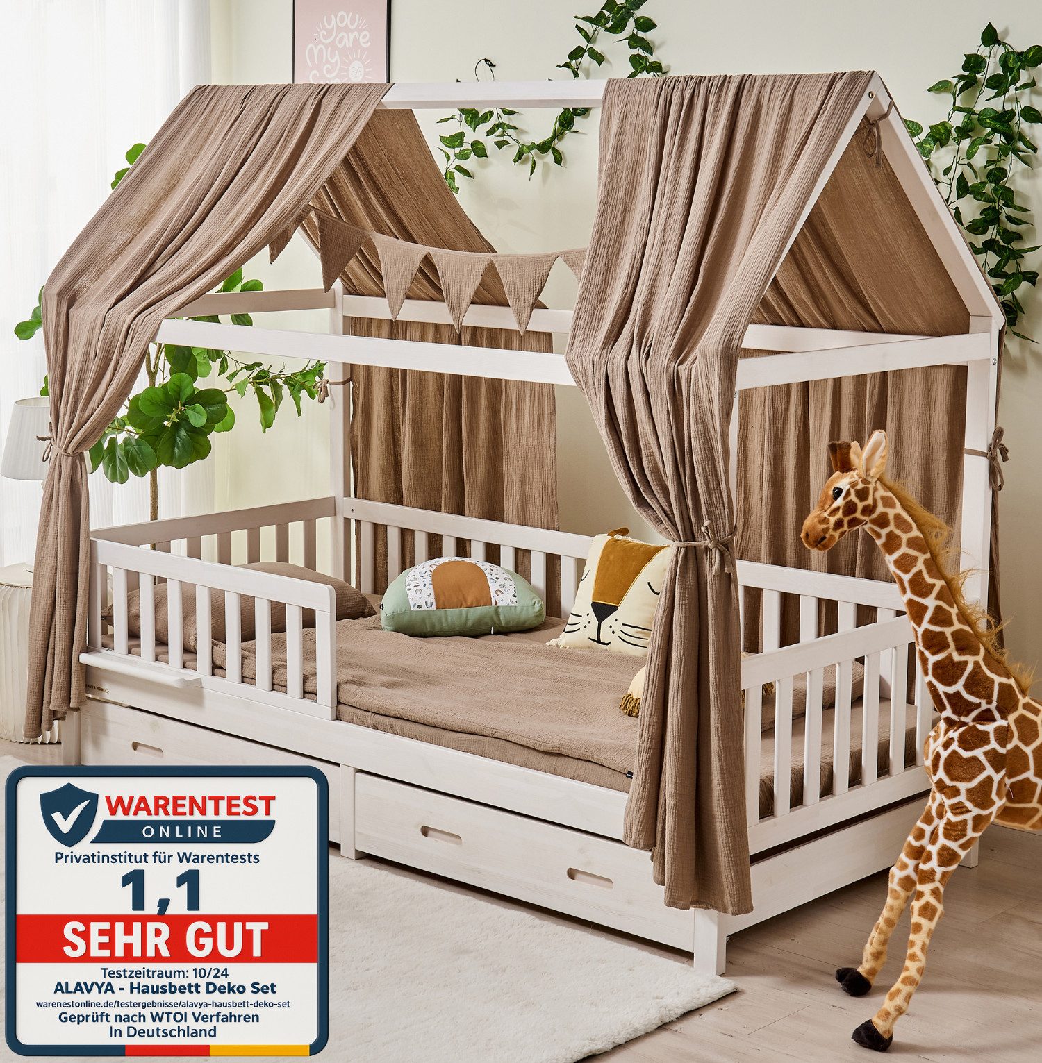 Alavya Home® Балдахін для ліжка Dekoset für Hausbett CLOUD 80x160, 90x200 – OTTOs Choice, Хіти продажу (KOMPLETT SET I 2 Stück Балдахін для ліжка I 1 Stück Wimpelkette 300cm cm lang mit 9 Stück Wimpeln, 3-tlg), Dekoset aus 100% Bio-Musselin Baumwolle GOTS zertifiziert, 125x350 cm