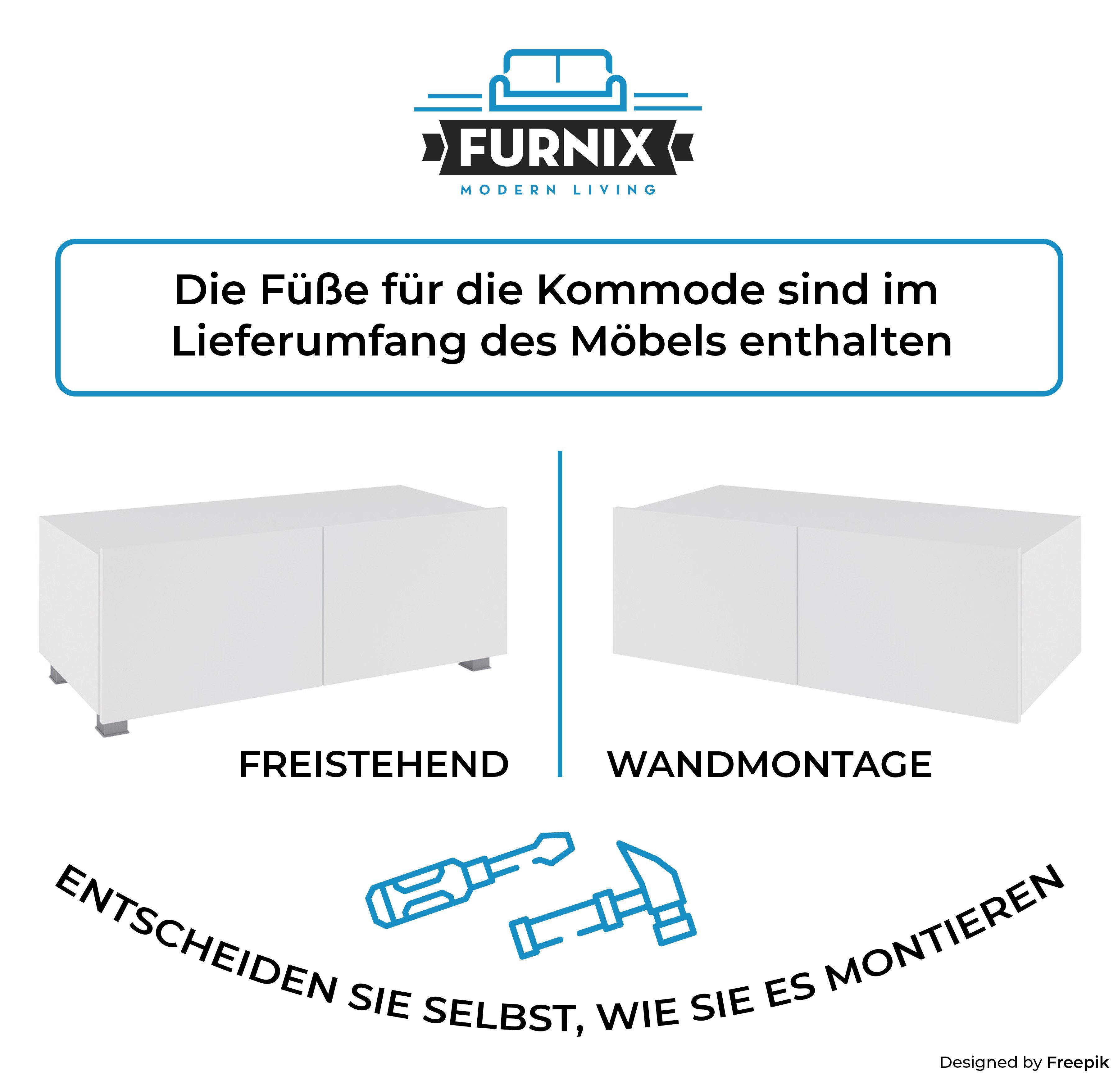 Furnix TV-Schrank Wahl Wandmontage oder Glanz möglich PUNE TV-Lowboard freistähend Wohnzimmer fürs 100 nach Weiß/Weiß