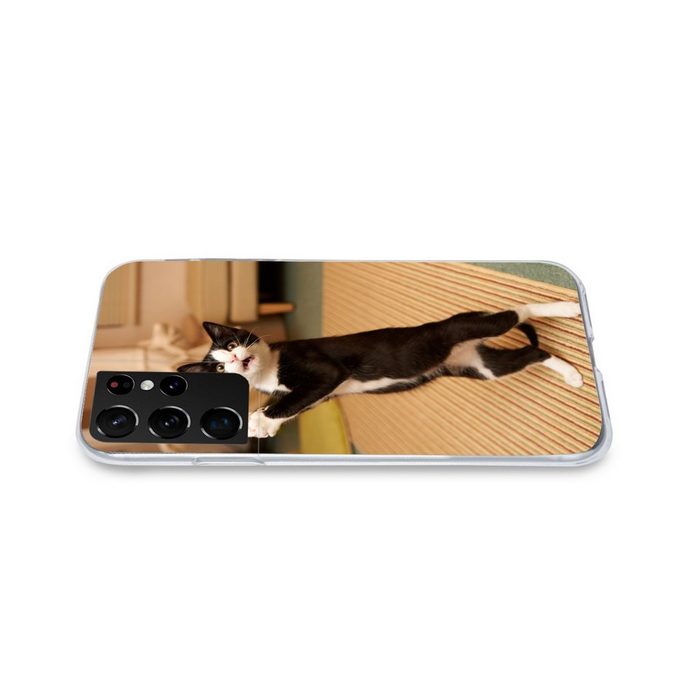MuchoWow Handyhülle Katze - Wohnzimmer - Schwarz Phone Case Handyhülle Samsung Galaxy S21 Ultra Silikon Schutzhülle