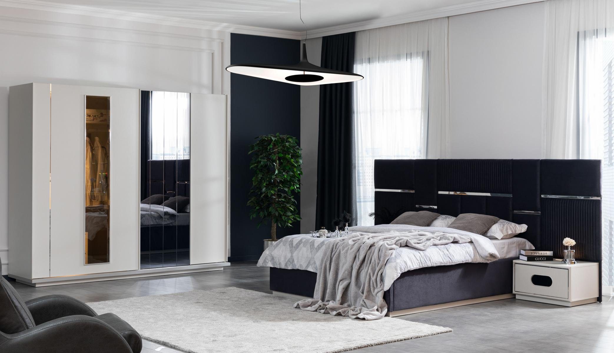 Luxus Bett Schlafzimmer-Set Design, + (5-St., Sessel), Set Schlafzimmer + 2x Spiegel, Stauraum Bett Nachttische Schminktisch JVmoebel 2x Ohne Nachttisch +