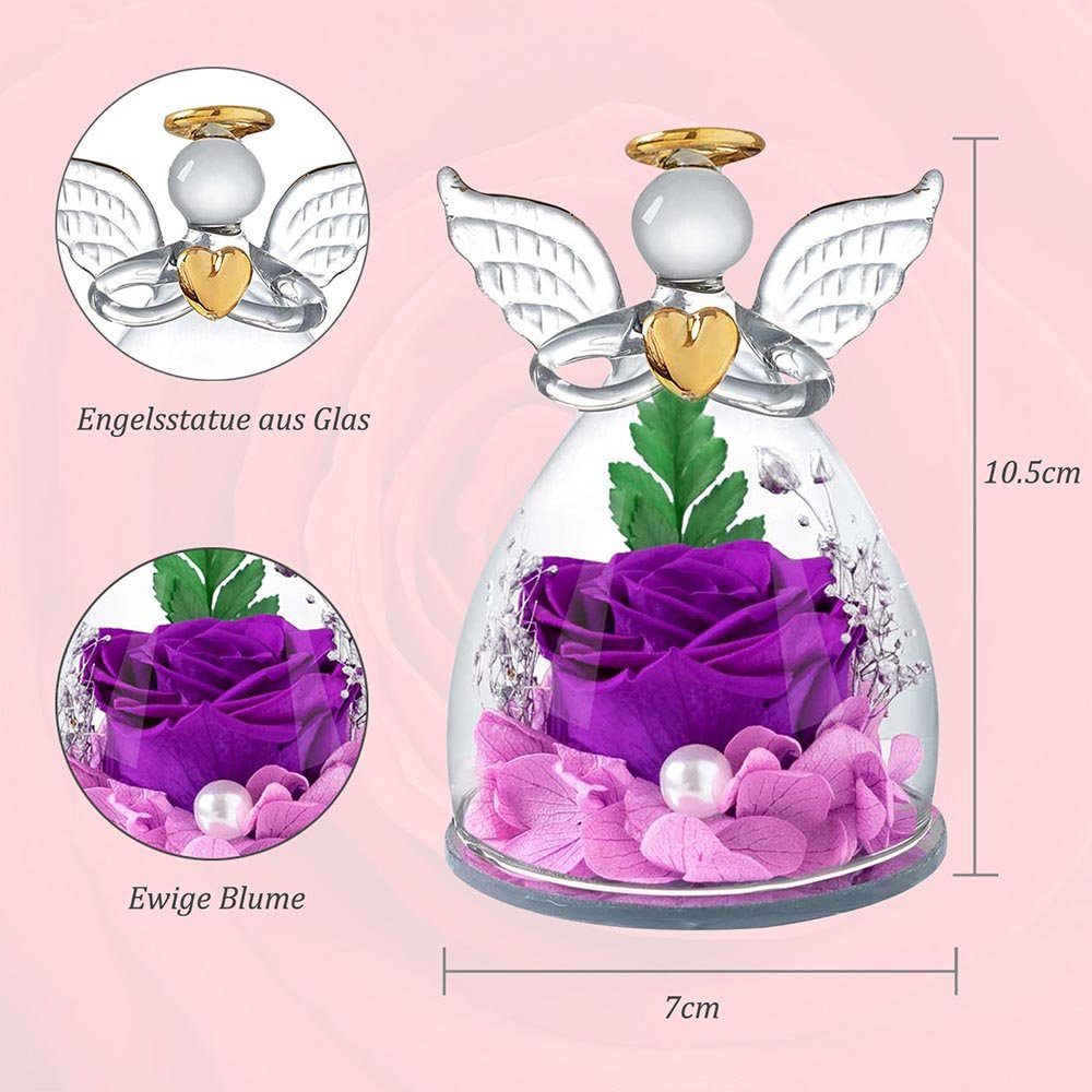 Kunstblume Glas-Engel-Figuren, für Muttertag Blumen Weihnachten Rosnek, Valentinstag Konservierte Rose, Lila