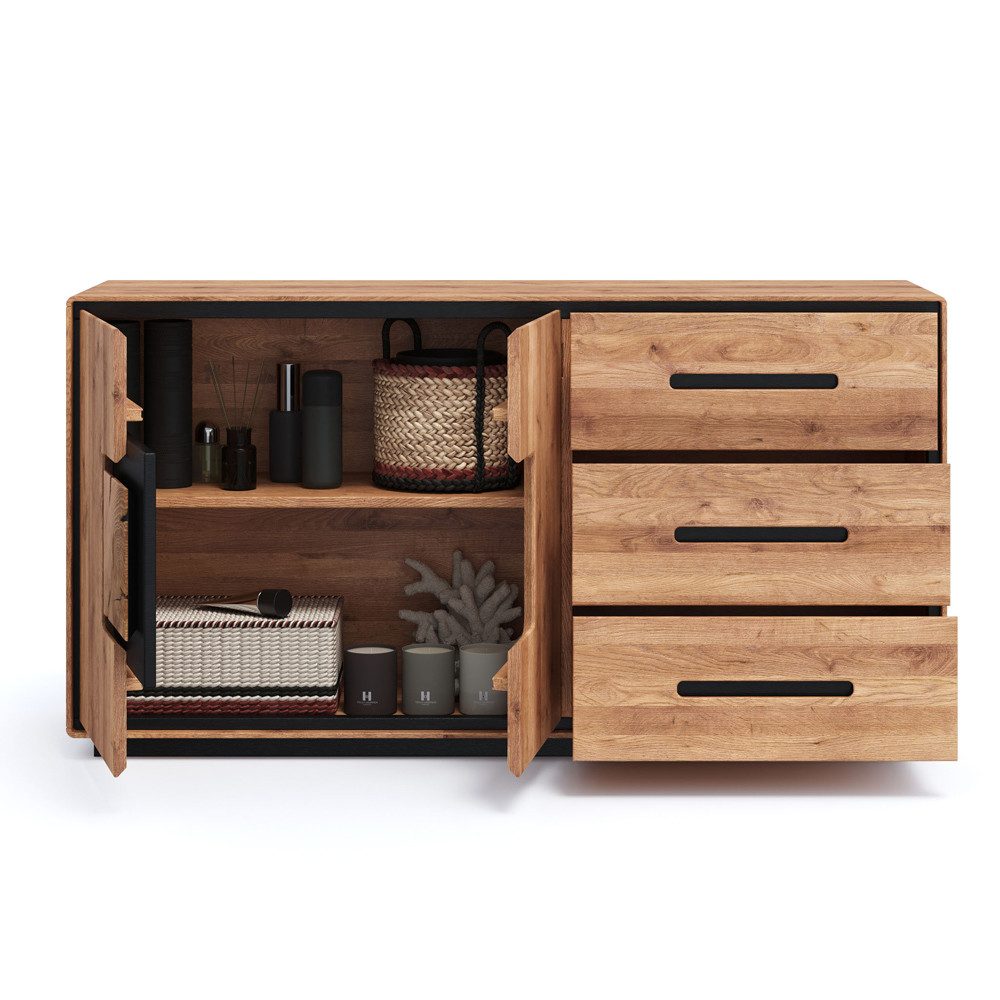 Lomadox Sideboard WOODBRIDGE-69, in Eiche massiv geölt, 146 cm breit, Hirnholz, montiert