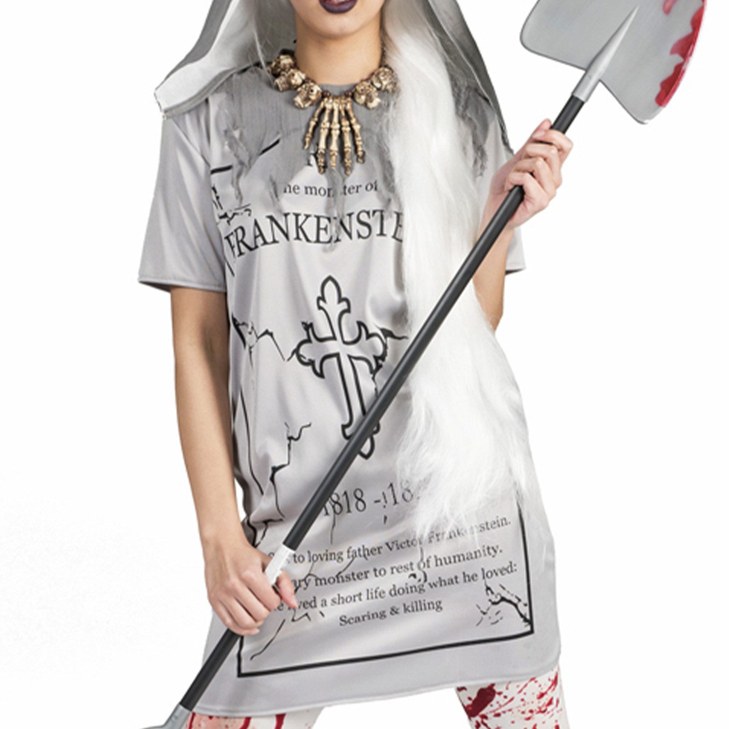 Funny Fashion Hexen-Kostüm Grabstein Tammy Kleid mit Kapuze für Damen, Grau
