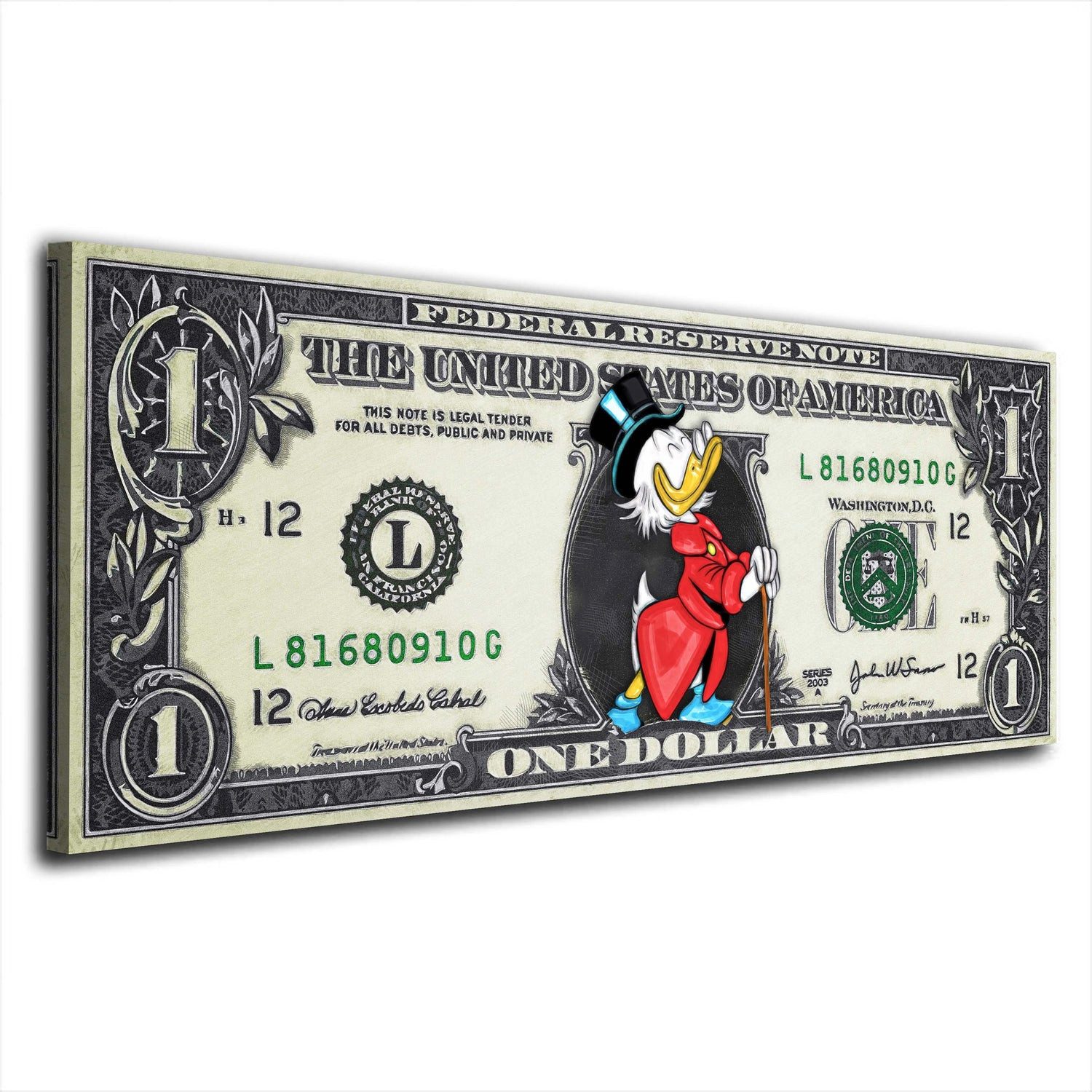Artedinoi Leinwandbild Duck Comic Geld & Erfolg Leinwandbild Wandbild XL Wanddeko, Comic-Ente mit Geld