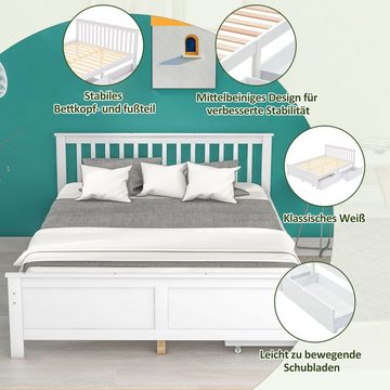 WISHDOR Massivholzbett Kinderbett Bett Jugendbett Doppelbett (weiß (140x200cm) ohne Matratze), Robuste Konstruktion, Die optimale Nutzung des Stauraums