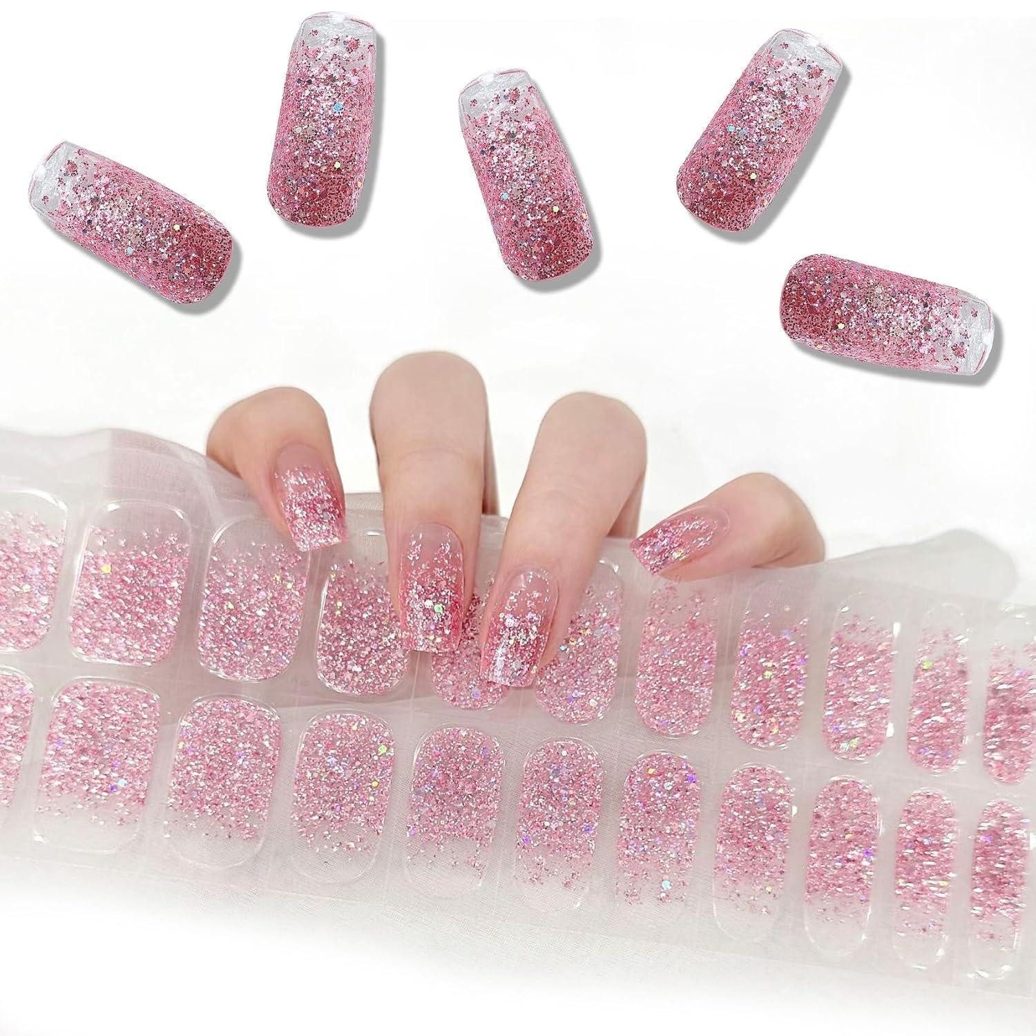 LuxusKollektion Kunstfingernägel Nagelfolie Gel UV Selbstklebend Halbgehärtet 22PCS Rosa Glitter-pink