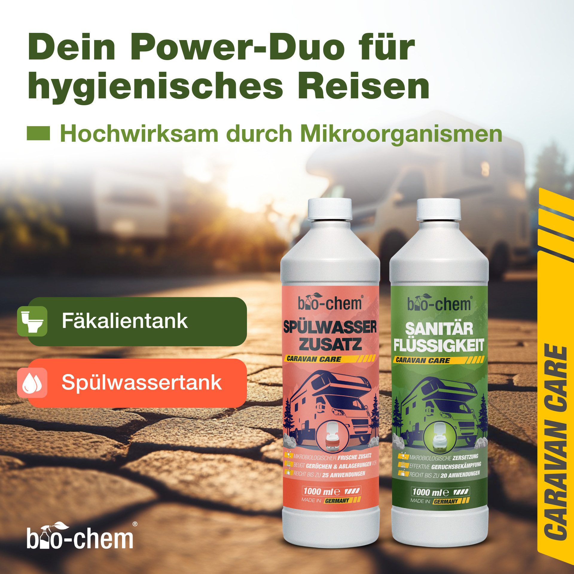 bio-chem bio-chem Sanitärzusatz-Set für Campingtoiletten, 2x1L inkl. Messbecher Campingtoilettenreiniger (1x 1 Liter Sanitärflüssigkeit, 1x 1 Liter Spülwasser-Zusatz)