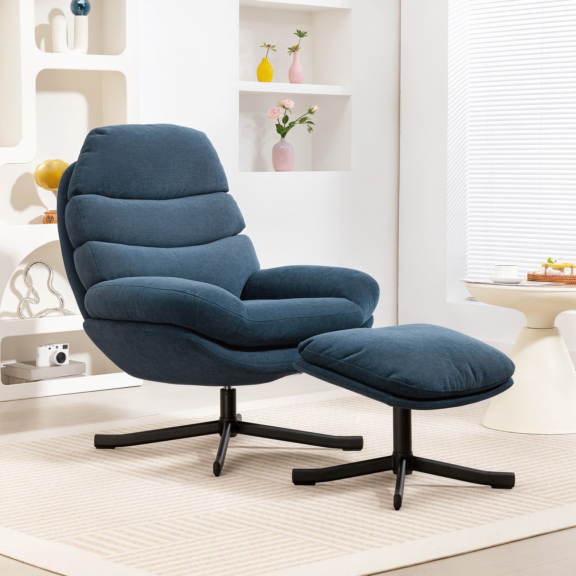HOMCOM Relaxsessel Relaxsessel mit Hocker Sessel mit Chenille-Optik Drehbar (Modern Fernsehsessel, 2-St., Loungesessel mit Hocker), für Wohnzimmer, Schlafzimmer, Blau