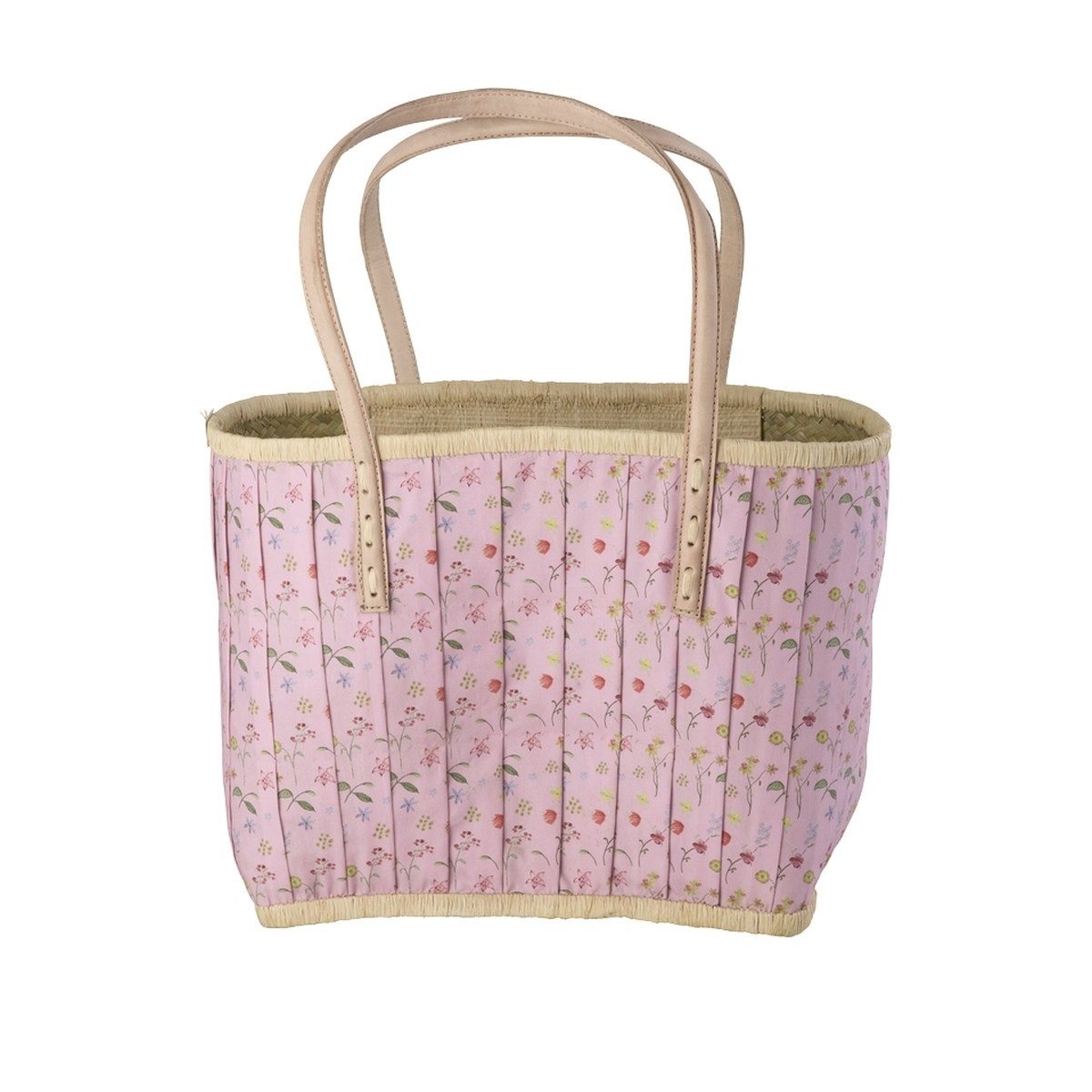 rice Shopper Raffia-Tasche Blumen Rosa, Größe M, handgefertigt, Lederhenkel