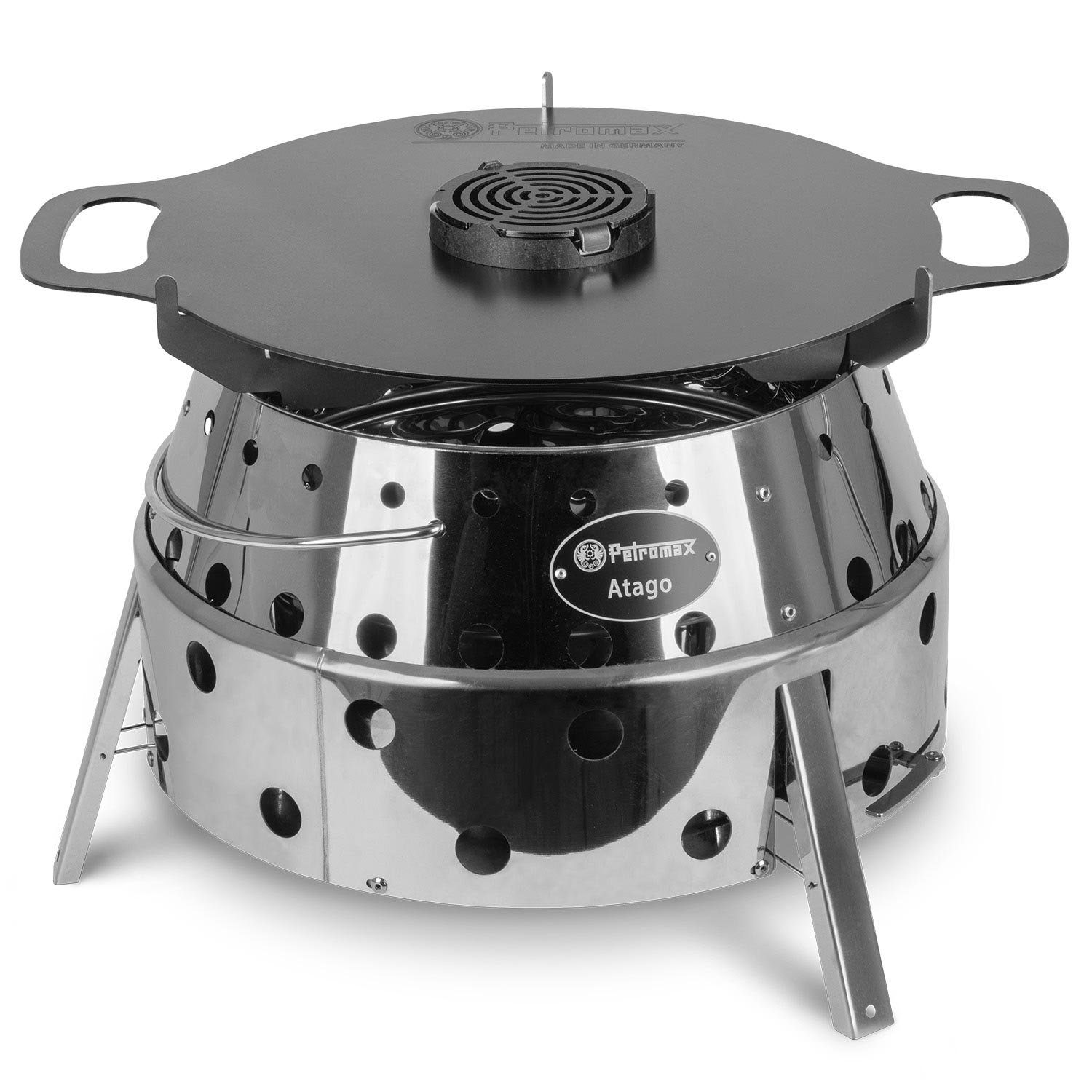 Petromax Feuerschale ATAGO + Plancha Grillplatte + Kochaufsatz + Grillrost + Trägergestell, (Spar-Set, 4-St., 1x Atago + 1 x Grillplatte + 1 x Kochaufsatz + 1 x Grillrost), mit intelligenten Klappmechanismus