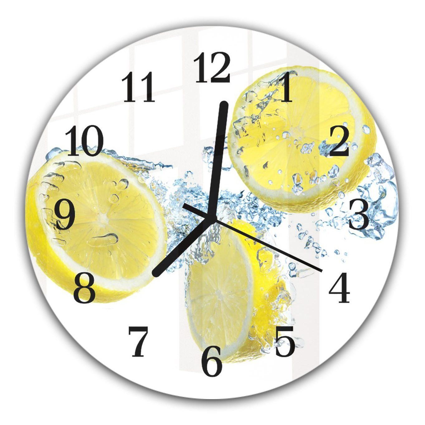 Primedeco Wanduhr Wanduhr aus Glas mit Motiv Zitronen im Wasser Splash - Rund mit Durchmesser 30 cm und Quarzuhrwerk