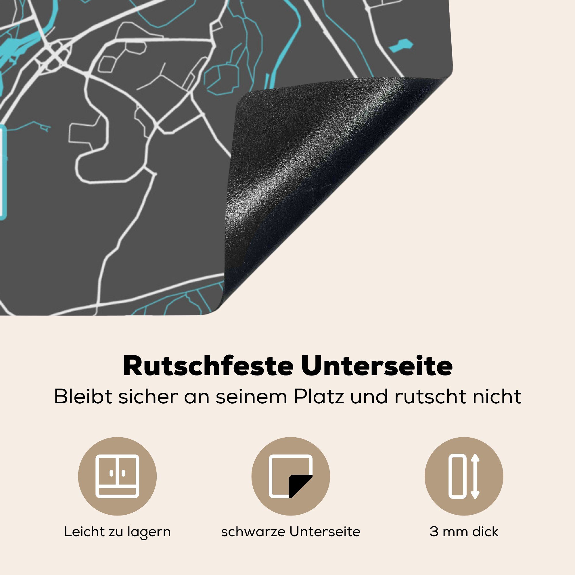 MuchoWow Deutschland Arbeitsplatte Herdblende-/Abdeckplatte Karte, Ulm Vinyl, cm, (1 - küche 78x78 Ceranfeldabdeckung, - - Blau Stadtplan - tlg), für