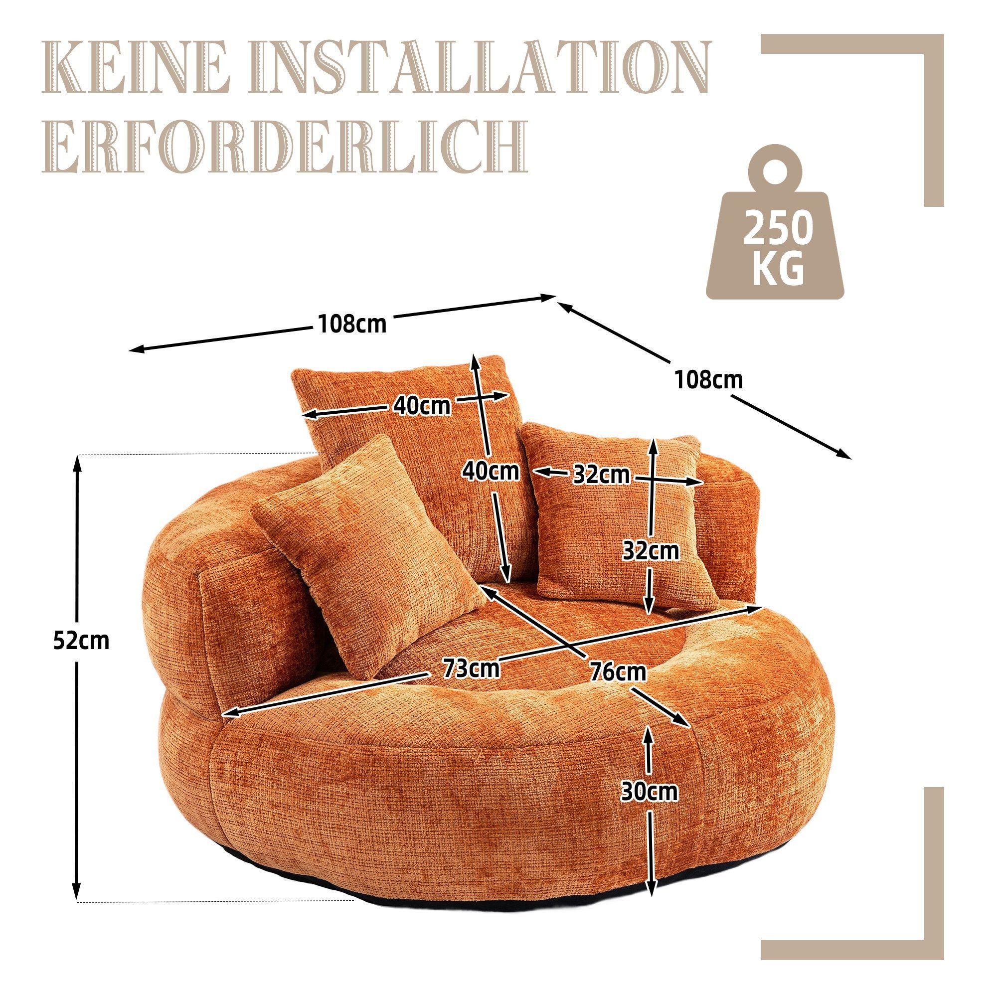 BlingBin Sitzsack Sitzsack-Sessel mit hoher Rückenlehne, Chenillebezug und 3 Kissen (1er Set, 1 St., 108 x 108 x 52 cm), für Erwachsene und Kinder, Indoor & Outdoor, Single Gaming Sofa Stuhl