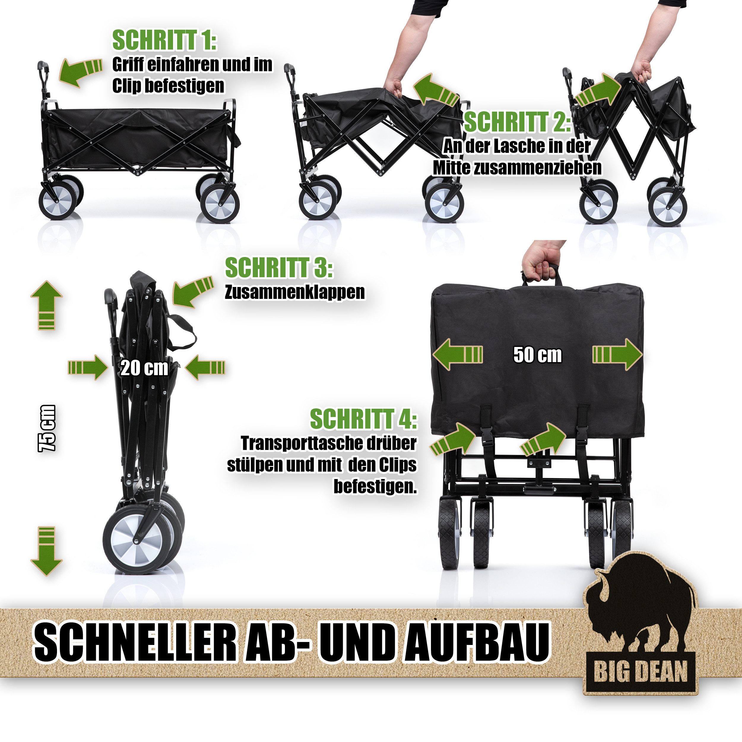 BigDean Bollerwagen Bollerwagen faltbar 100kg belastbar 105L robuster Bollerwagen (Stück, 1-tlg., Bollerwagen), Schiebegriff, Dachaufbau, 2 Feststellbremsen – Bild 5 von 5