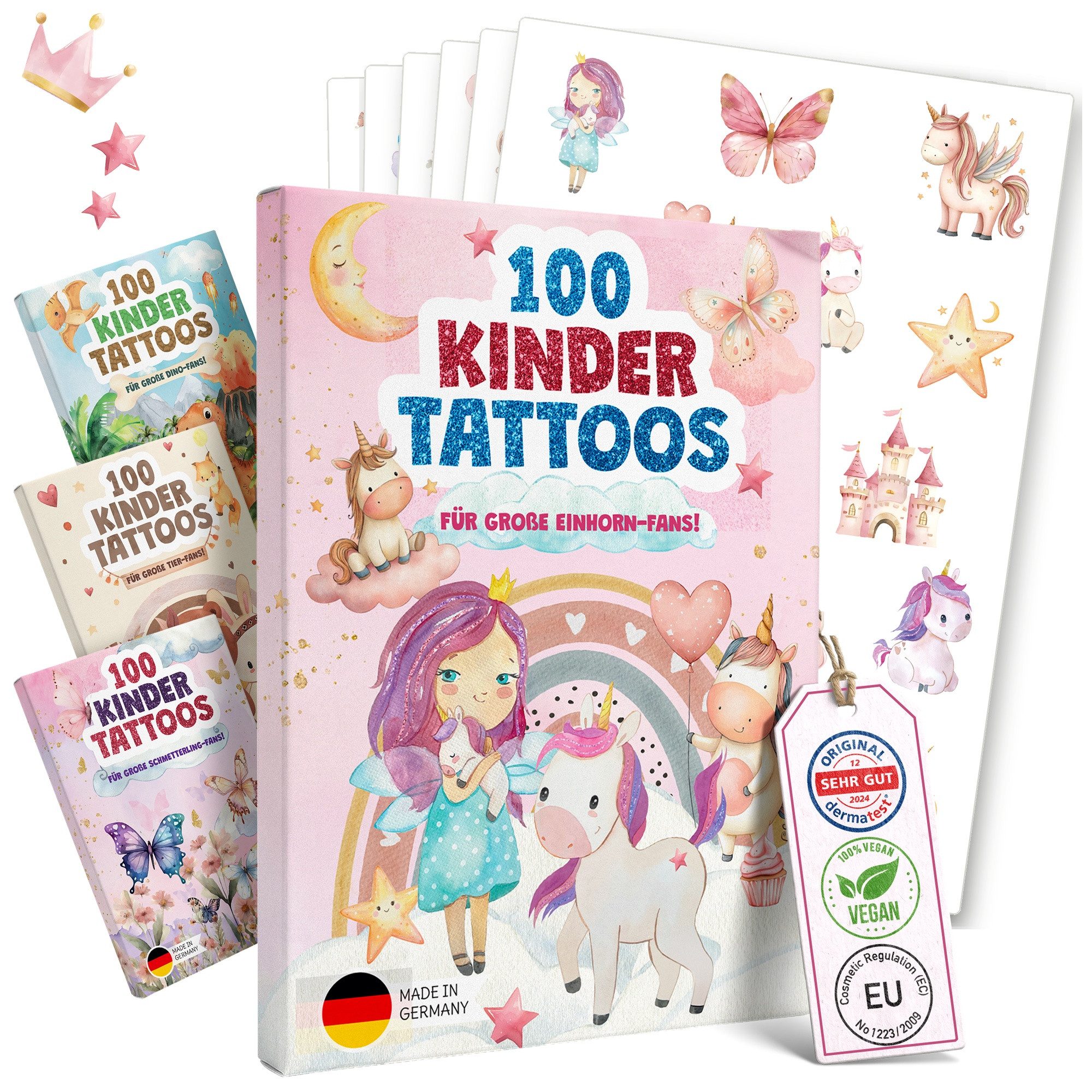 Eulentaler Kindertattoo 100 Stück, hautfreundlich, Tiere, Einhörner & Dinos, Dermatest sehr gut, Made in Germany, Mitgebsel Kindergeburtstag, inkl. Ausmalbilder