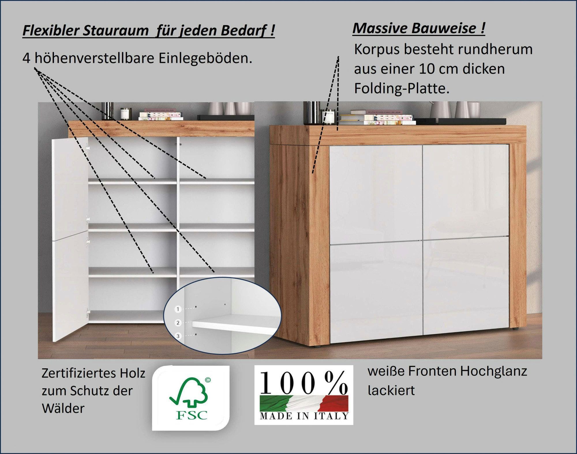 OTTO home Highboard CHRONOS Breite 140 cm mit 4 Türen und 8 Fächer 'Made in Italy' (1 St), Hohes Sideboard, Kommode, Schrank, Grifflos mit Push to Open