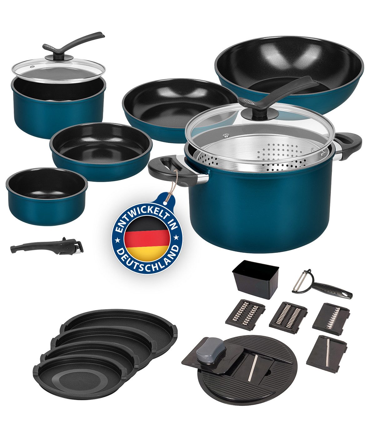 Genius Topf-Set Kelton Pfannenset Töpfe Set 3 in 1 mit Deckel, Gemüseschneider 27 tlg, Topfset pfanne bratpfanne wohnmobil kitchen camping (Komplett-Set, Set 27-tlg), umfangreiches Starterset, langlebige unbedenkliche Materialien