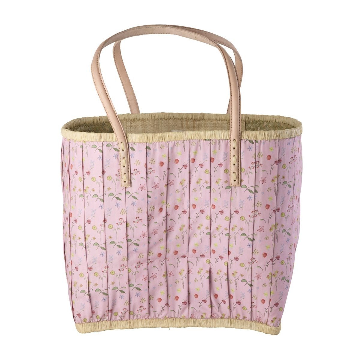 rice Shopper Raffia Shopper Blumen Rosa L mit Lederhenkeln & Innenfächern
