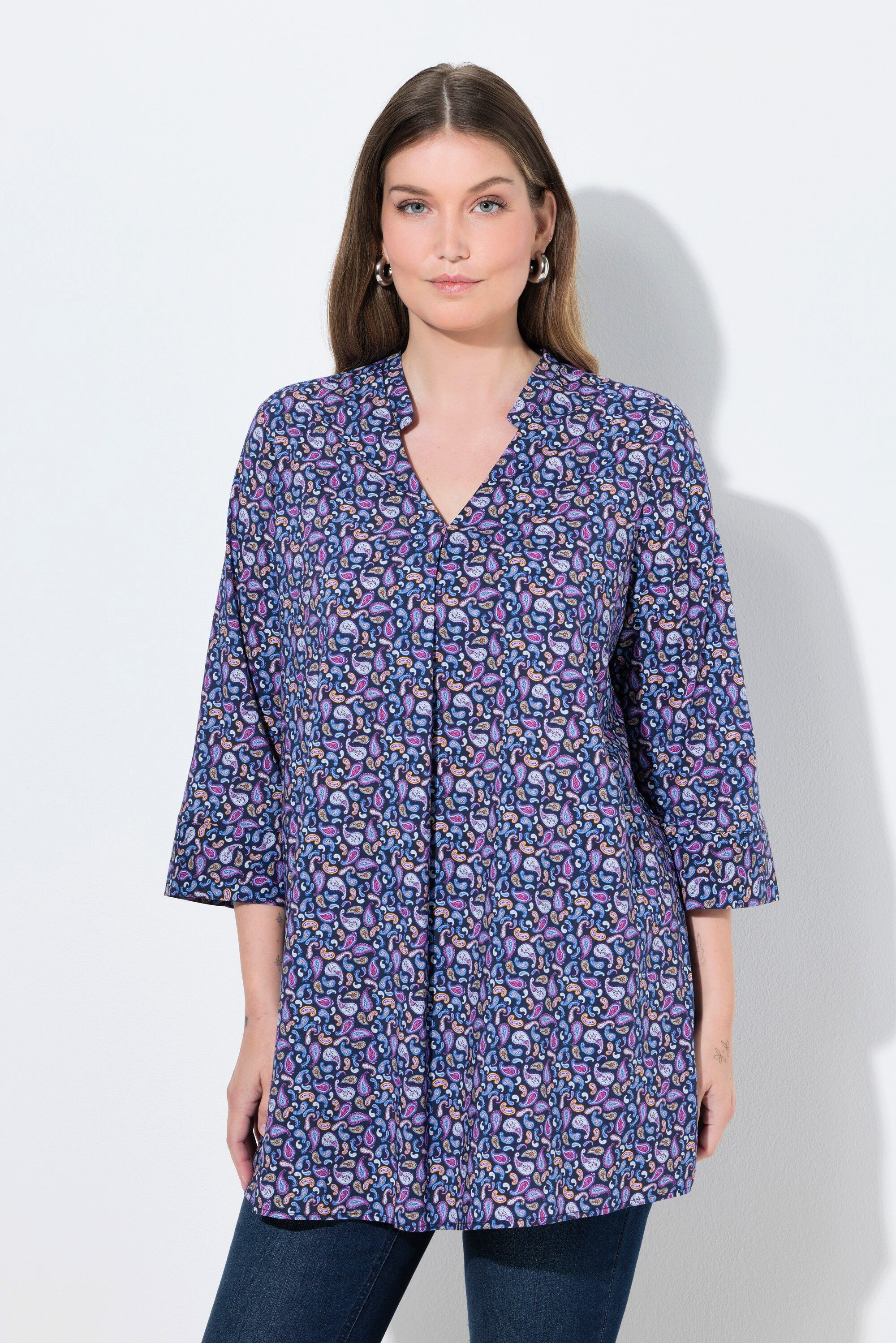 Ulla Popken Longbluse Tunika Paisleymuster V-Ausschnitt 3/4-Arm