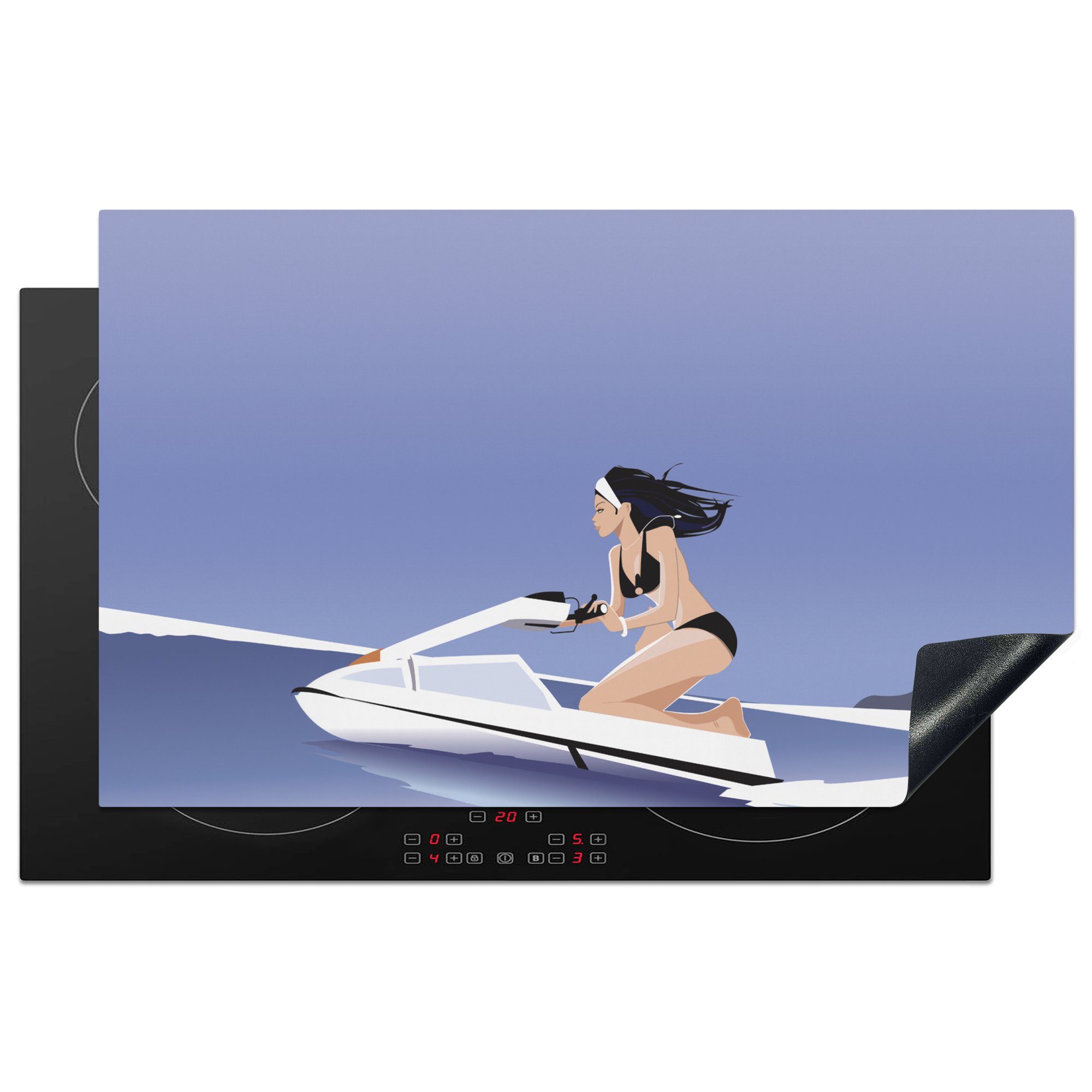 MuchoWow Herdblende-/Abdeckplatte Eine Illustration einer Frau im Bikini auf einem Jetski, Vinyl, (1 tlg), 83x51 cm, Ceranfeldabdeckung, Arbeitsplatte für küche