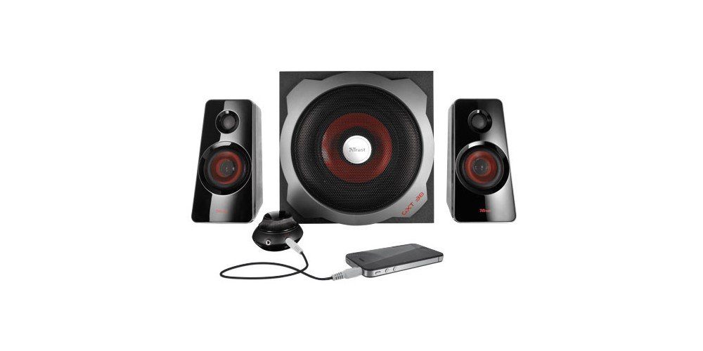 Trust GXT 38 PC-Lautsprecher 2.1 (120 W, Lautsprecherset mit 1 Subwoofer und 2 Satelllit-Lautsprecher, Subwoofer aus Holz für vollen und kräftigen Sound, Energiesparmodus)