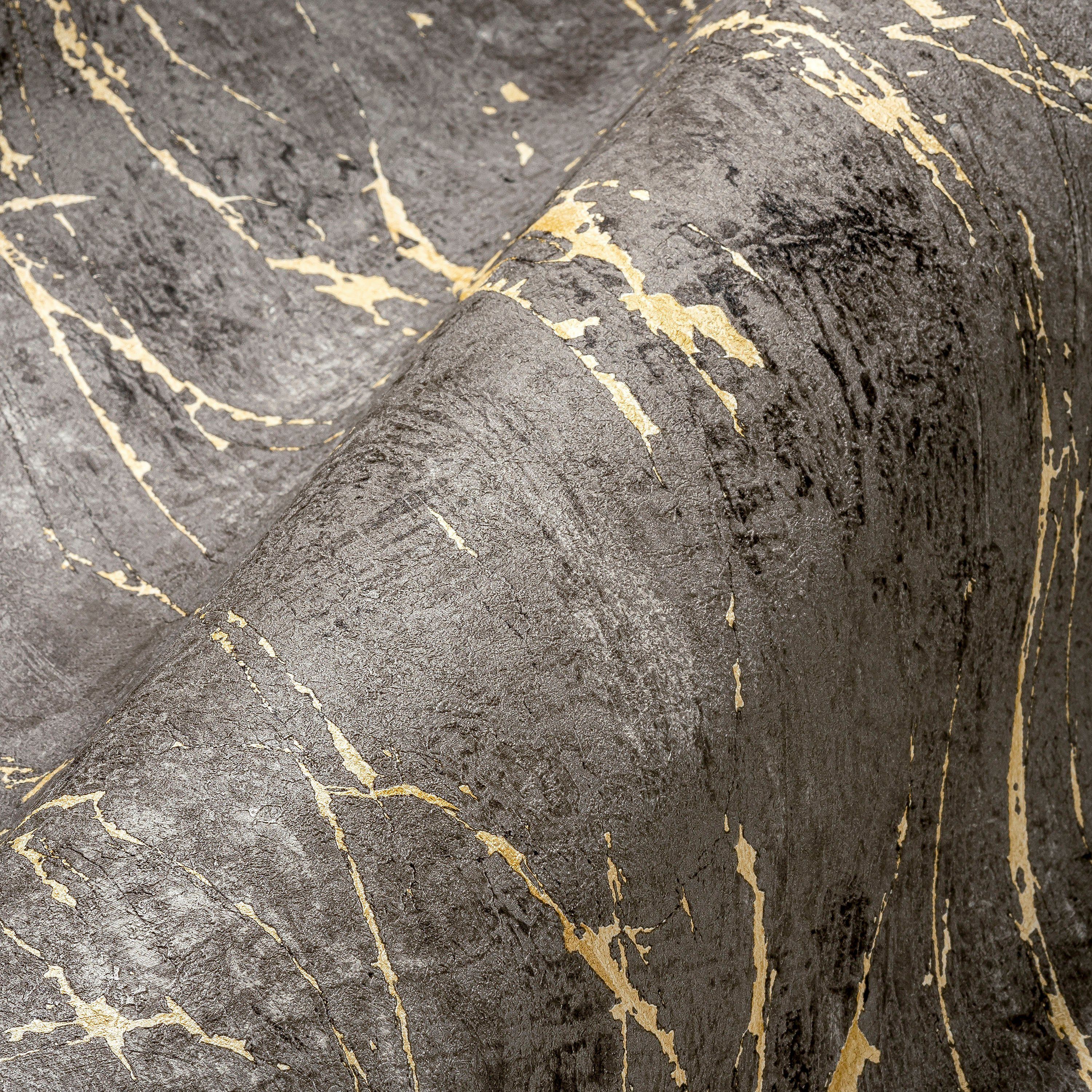 Vliestapete matt, Steinoptik (1 Marmor BOS THE strukturiert, anthrazit/goldfarben/schwarz Marmortapete, A.S. St), Création
