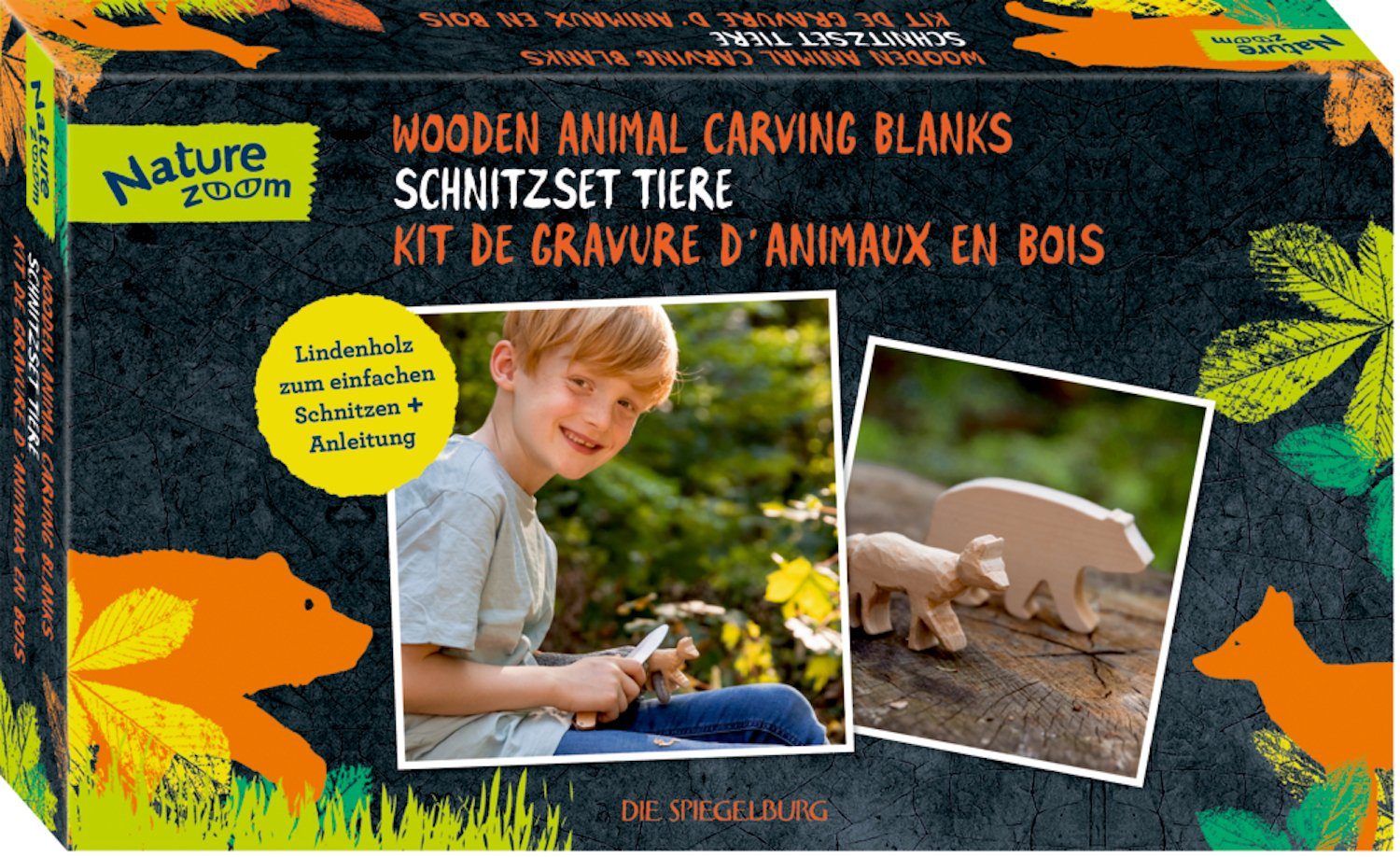 COPPENRATH DIE SPIEGELBURG Bastelnaturmaterial Kinder-Schnitzset Tiere Nature Zoom Bastelset ab 8 Jahre Lindenholz, (Set 4-tlg), 2 Weichholz-Rohlinge (Bär und Fuchs)